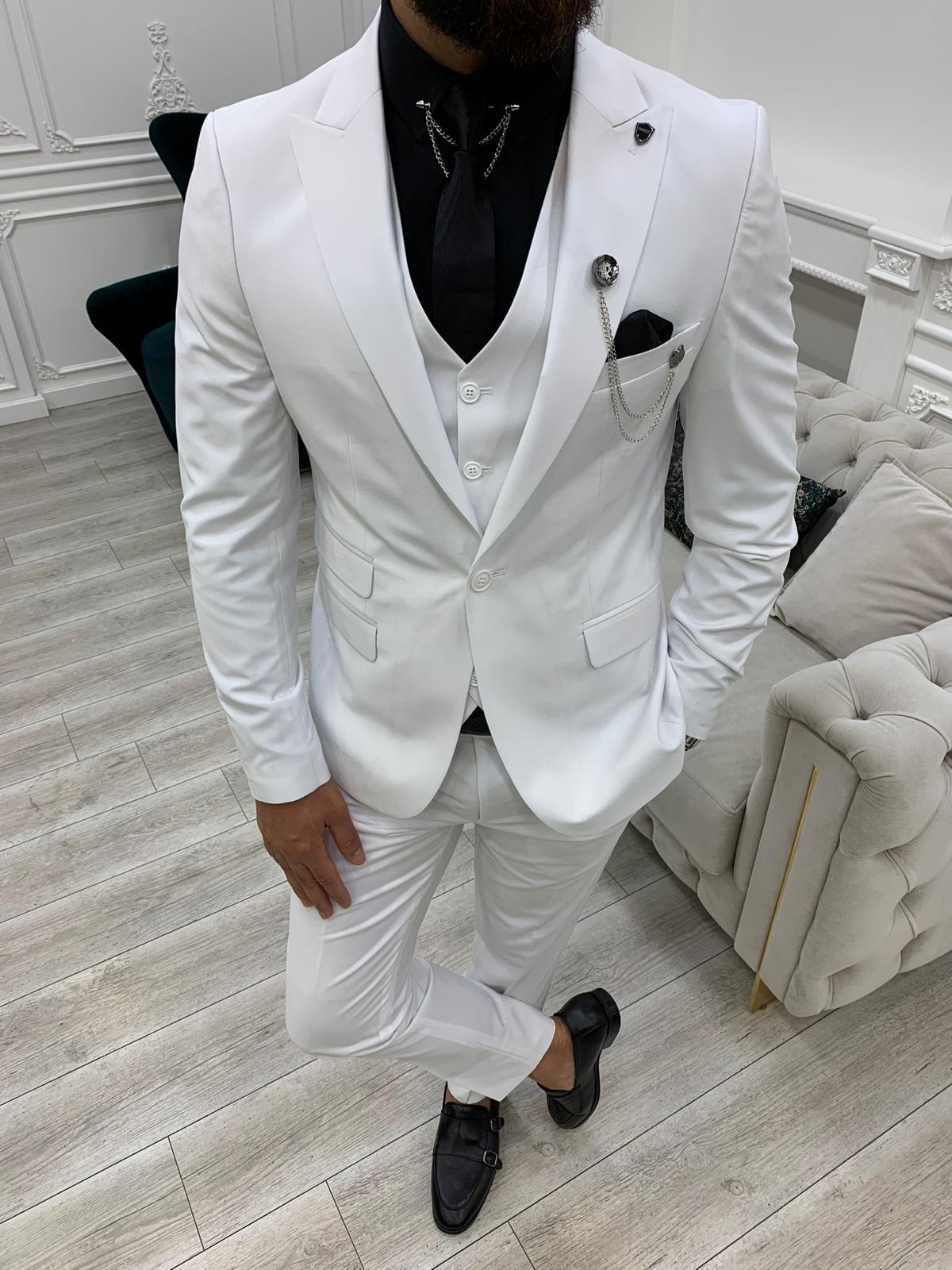 Erkek Takım Elbise Slim Fit Ceket Yelek Pantolon-Beyaz