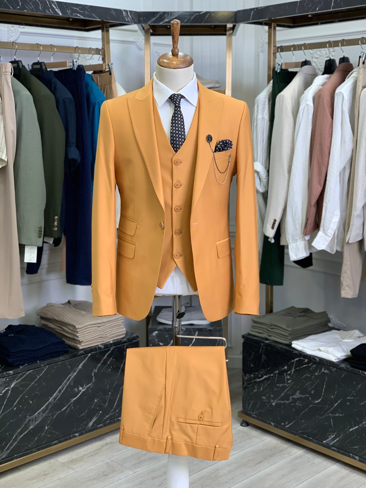 Erkek Takım Elbise Slim Fit Ceket Yelek Pantolon - Hardal