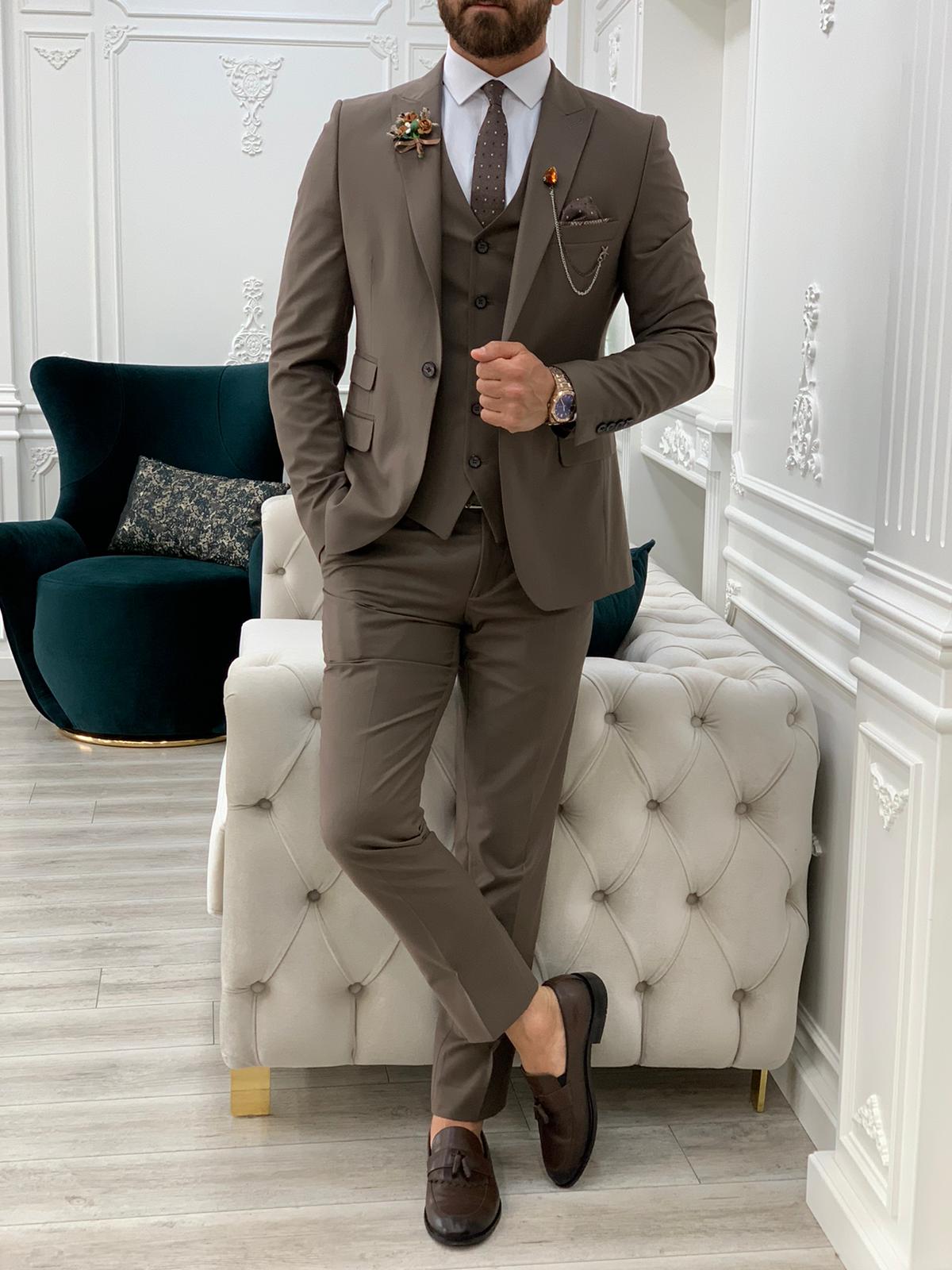 Erkek Takım Elbise Slim Fit Ceket Yelek Pantolon - Sütlü Kahve