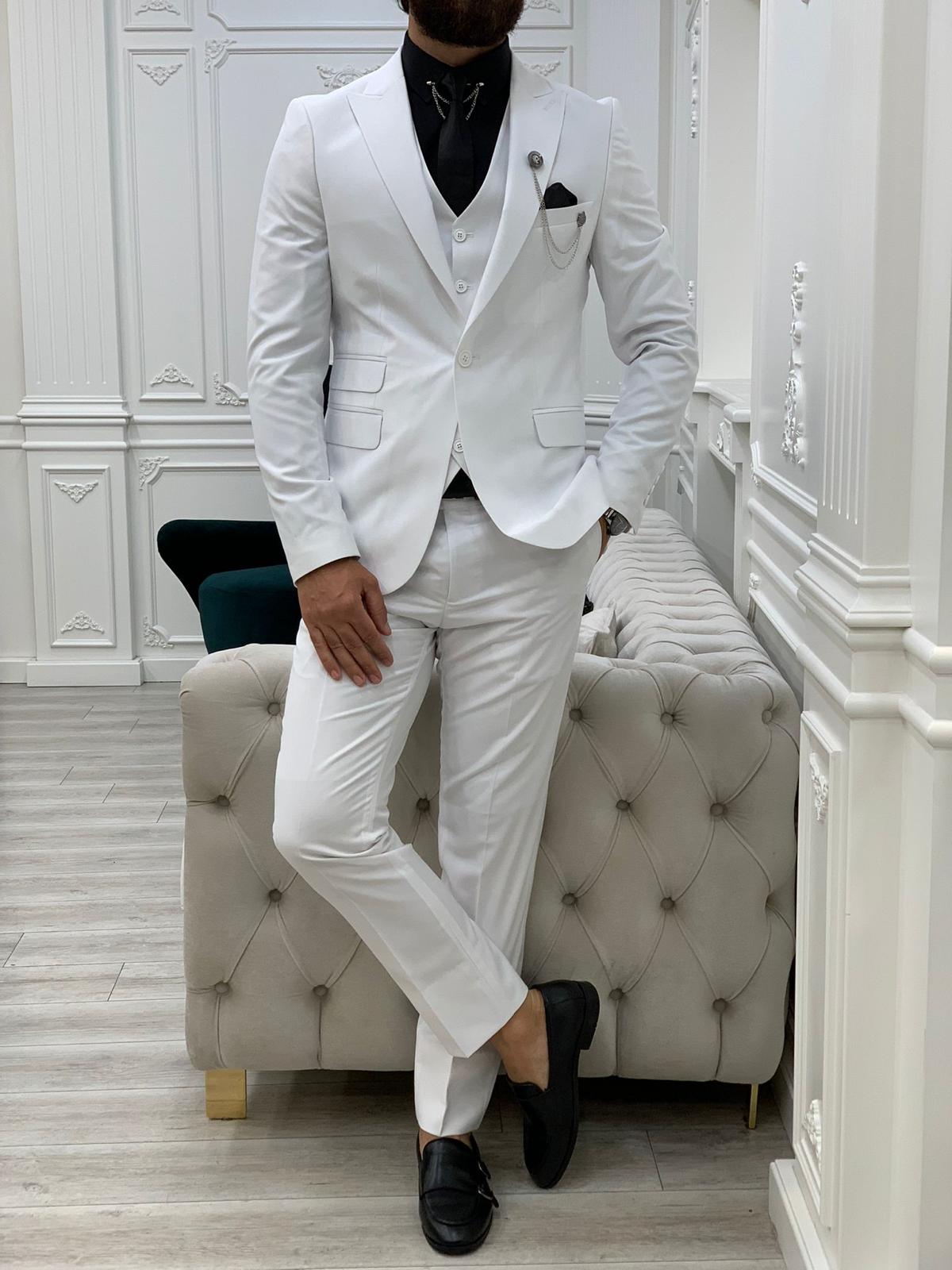 Erkek Takım Elbise Slim Fit Ceket Yelek Pantolon-Beyaz