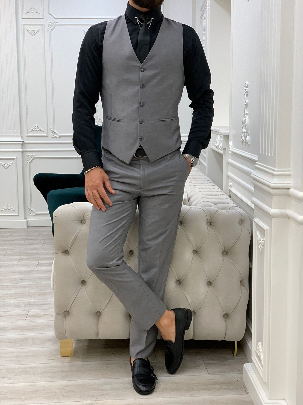 Erkek Takım Elbise Slim Fit Ceket Yelek Pantolon - Gri
