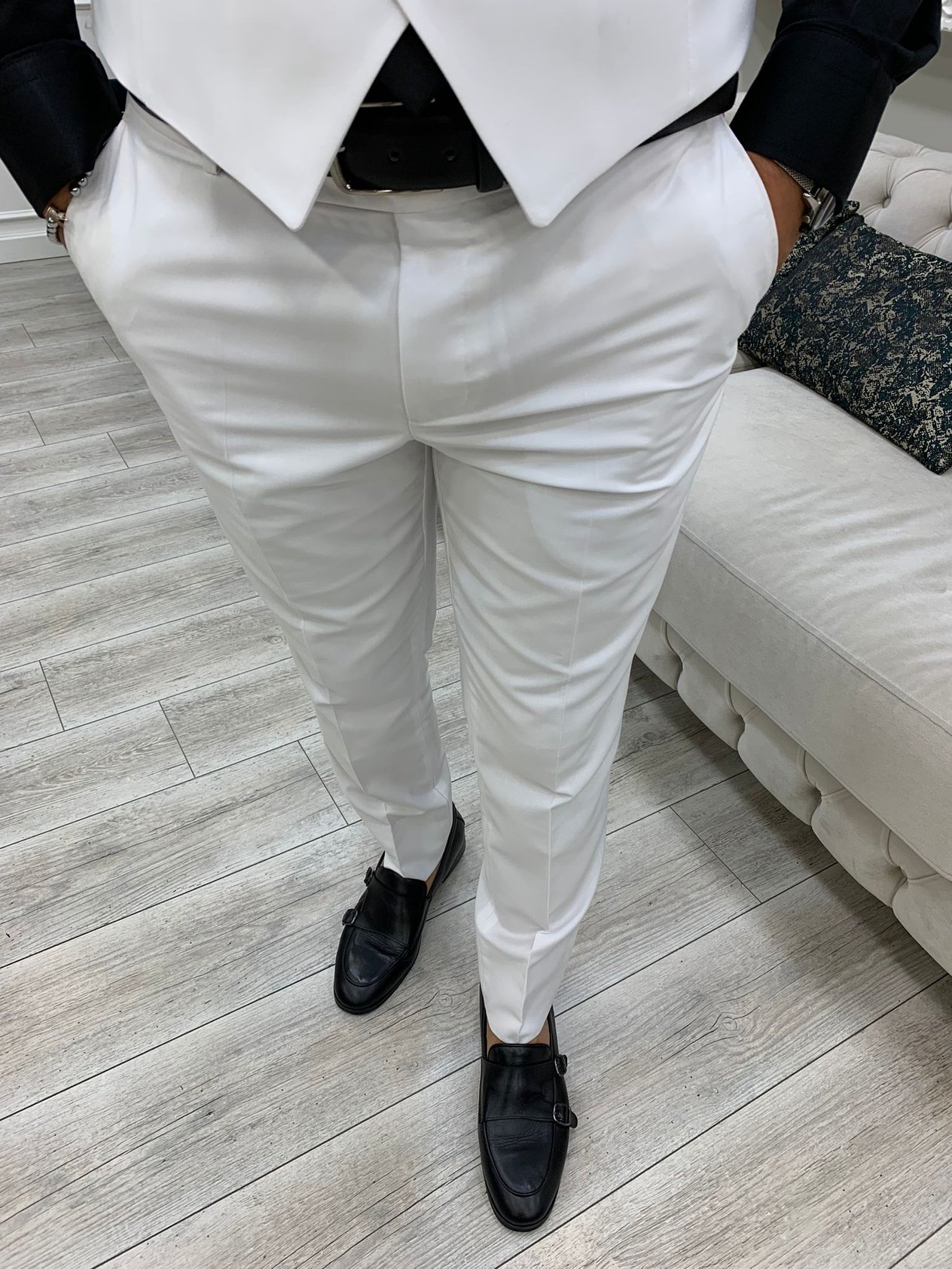 Erkek Takım Elbise Slim Fit Ceket Yelek Pantolon-Beyaz