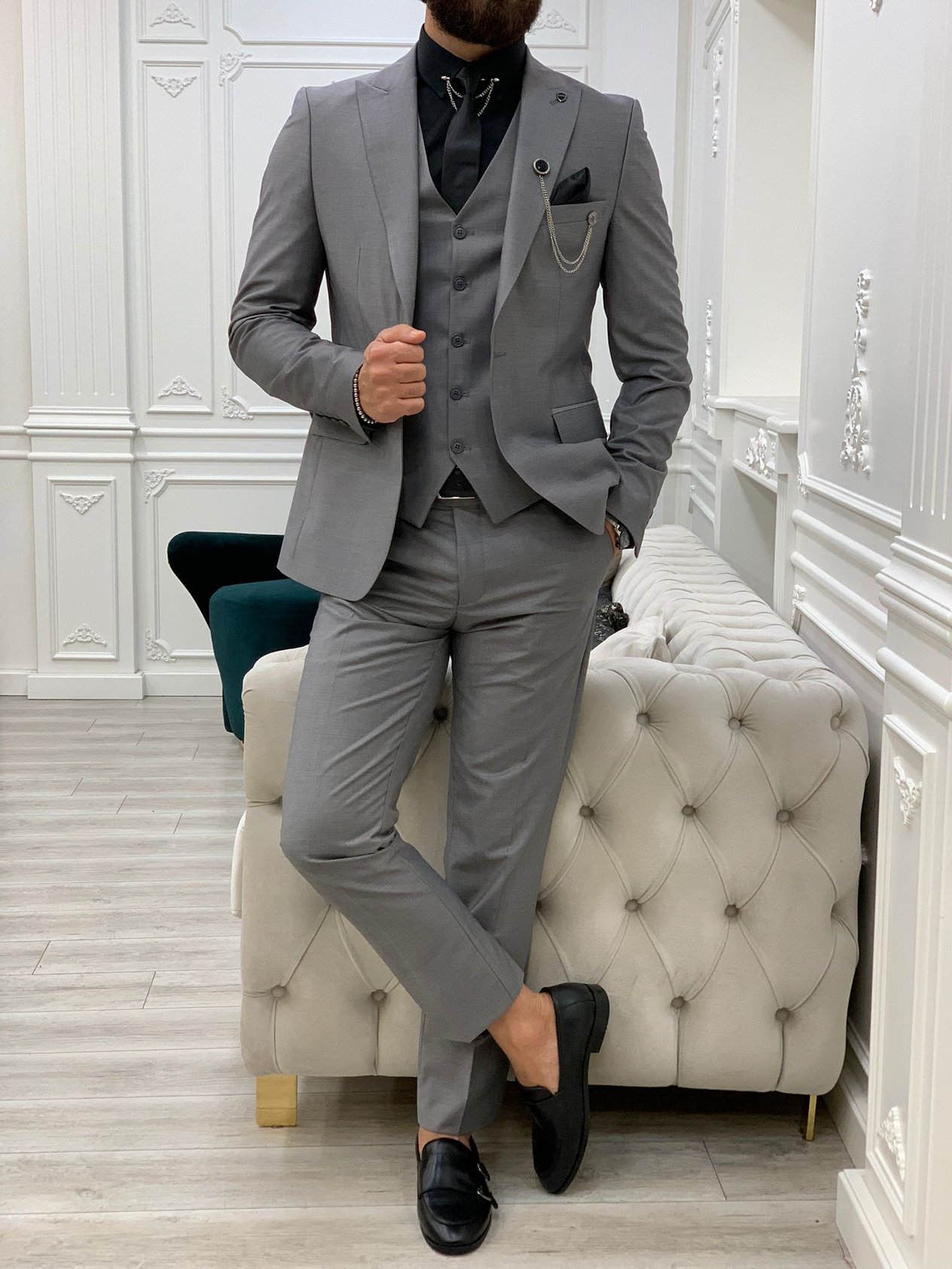 Erkek Takım Elbise Slim Fit Ceket Yelek Pantolon - Gri