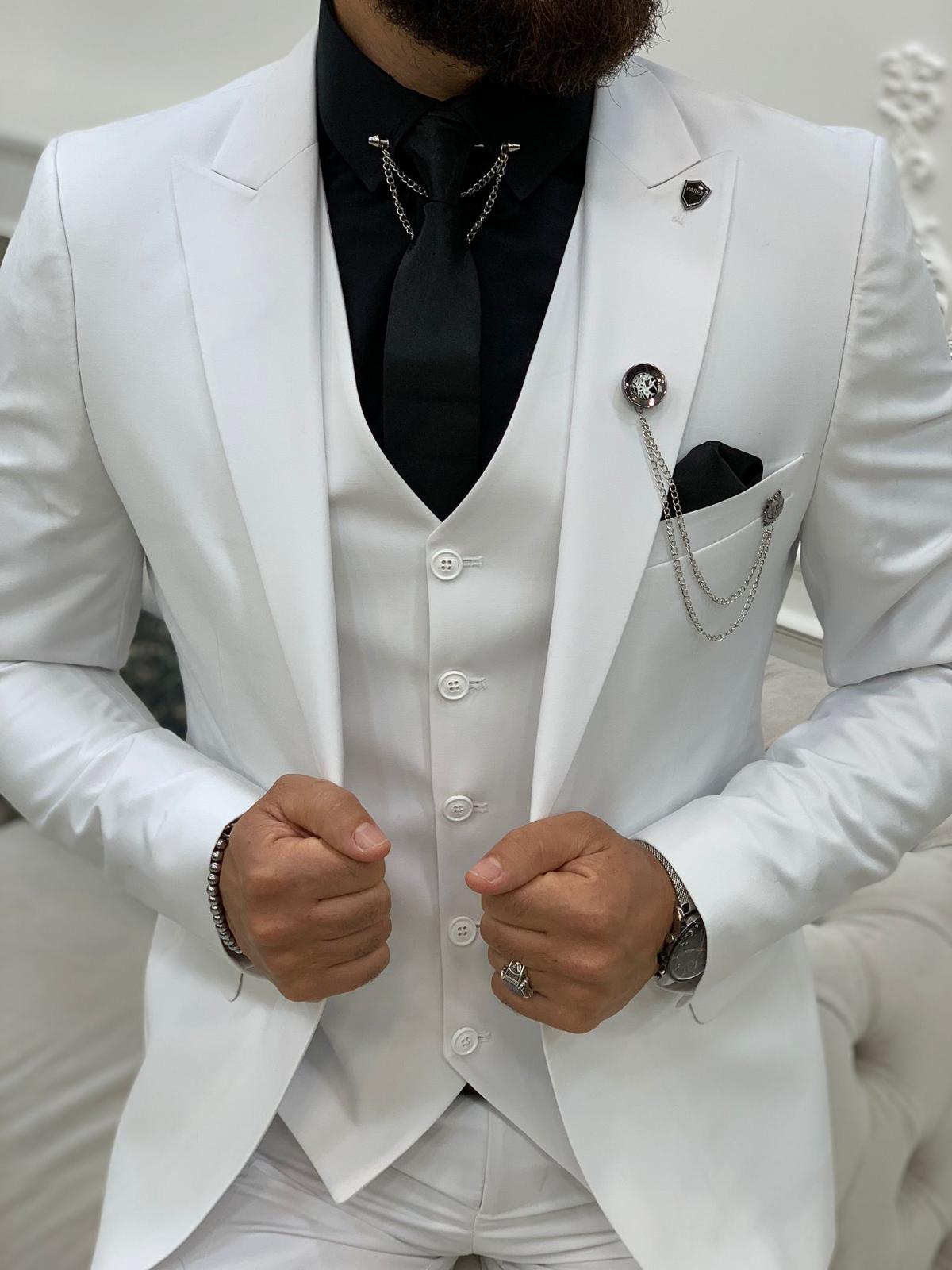 Erkek Takım Elbise Slim Fit Ceket Yelek Pantolon-Beyaz