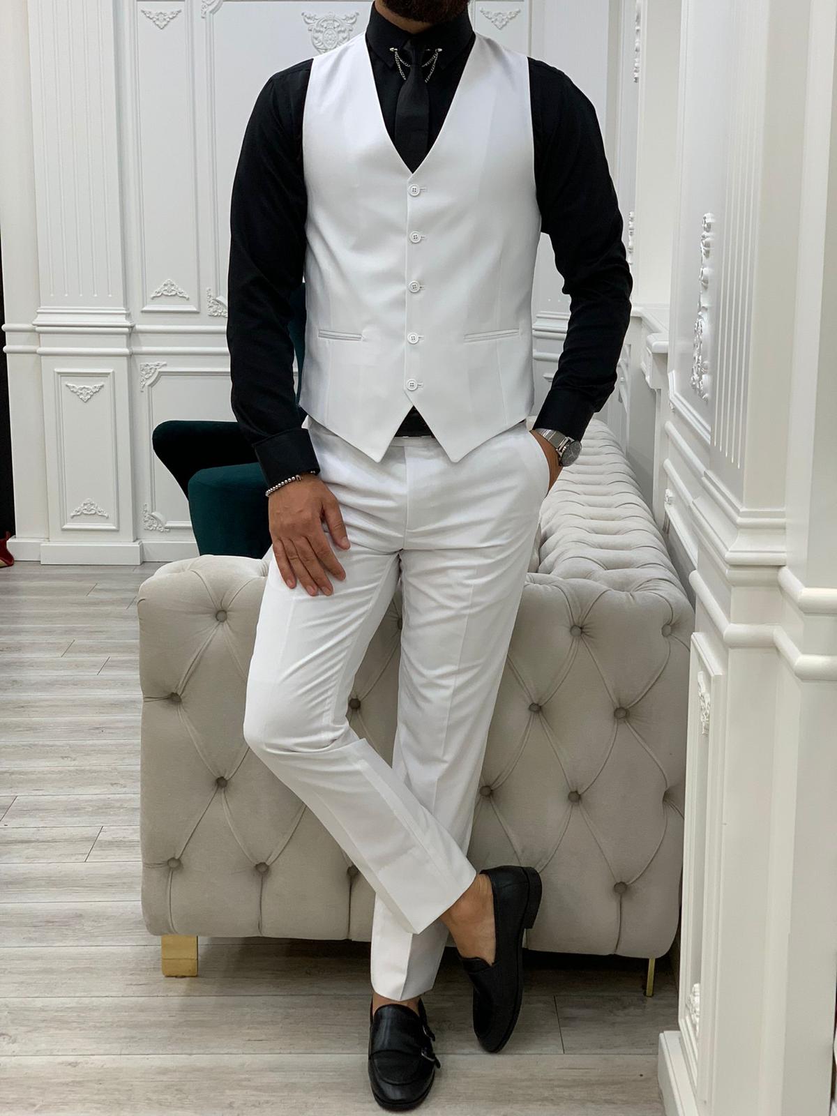 Erkek Takım Elbise Slim Fit Ceket Yelek Pantolon-Beyaz
