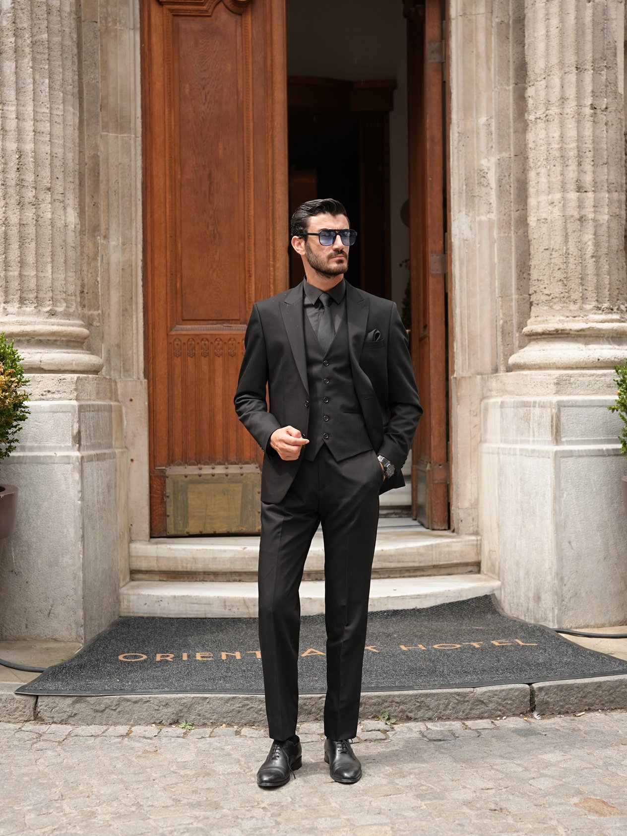 Erkek Takım Elbise Slim Fit İtalyan Stil Ceket Yelek Pantolon - Siyah
