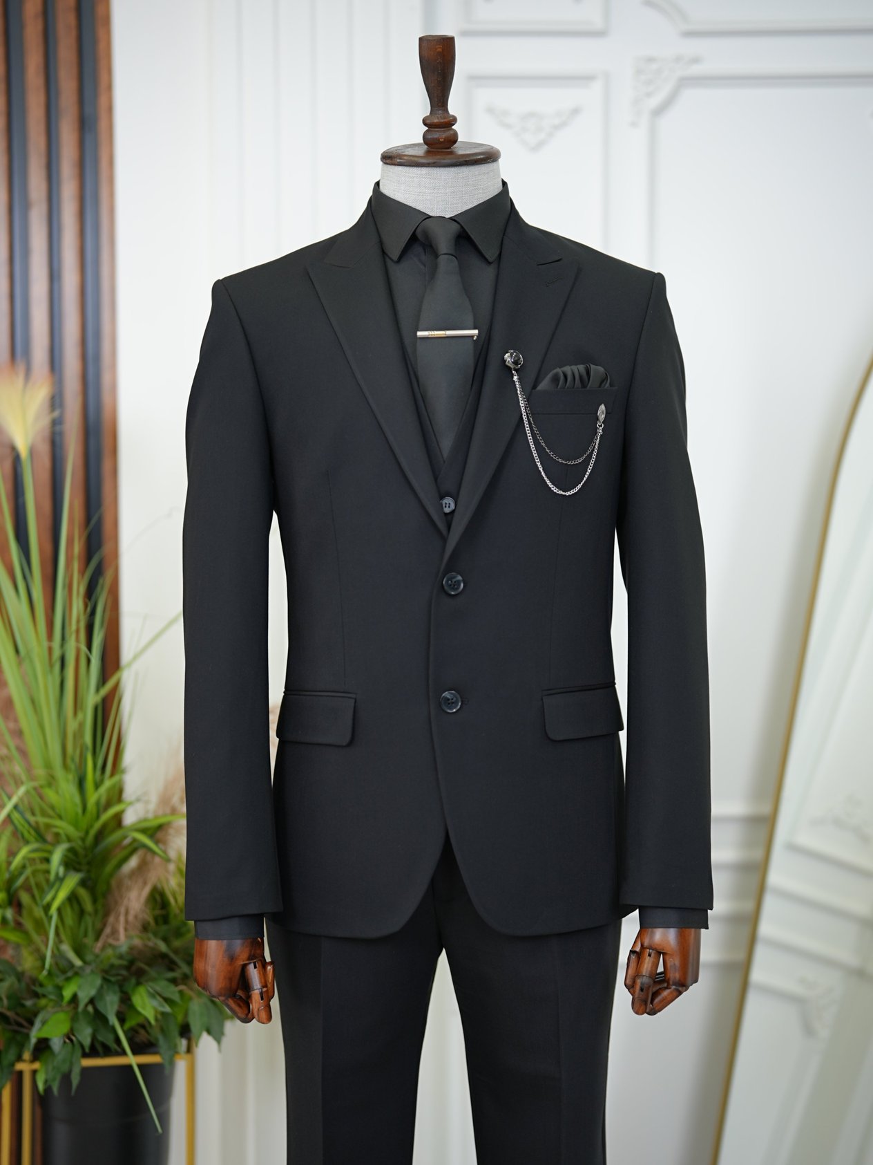 Erkek Takım Elbise Slim Fit İtalyan Stil Ceket Yelek Pantolon - Siyah