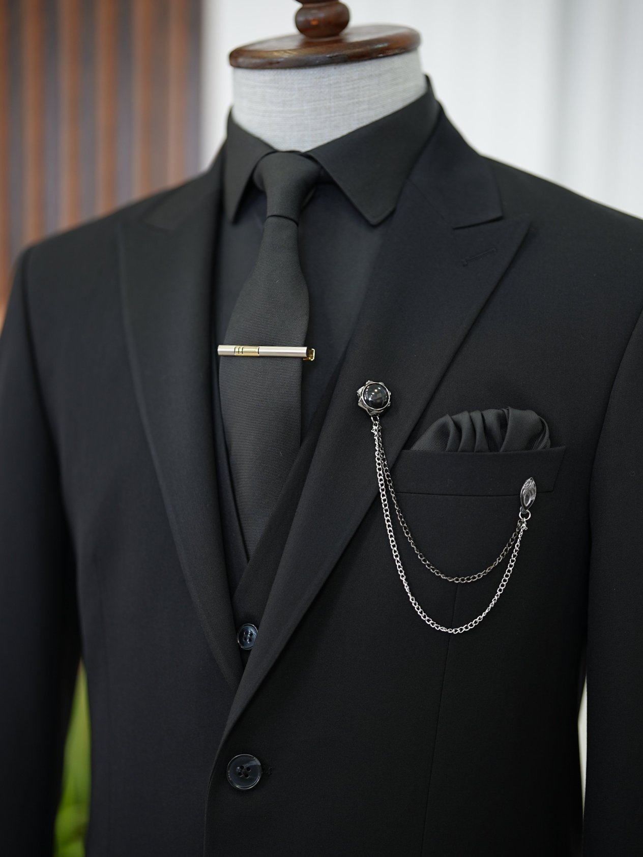 Erkek Takım Elbise Slim Fit İtalyan Stil Ceket Yelek Pantolon - Siyah