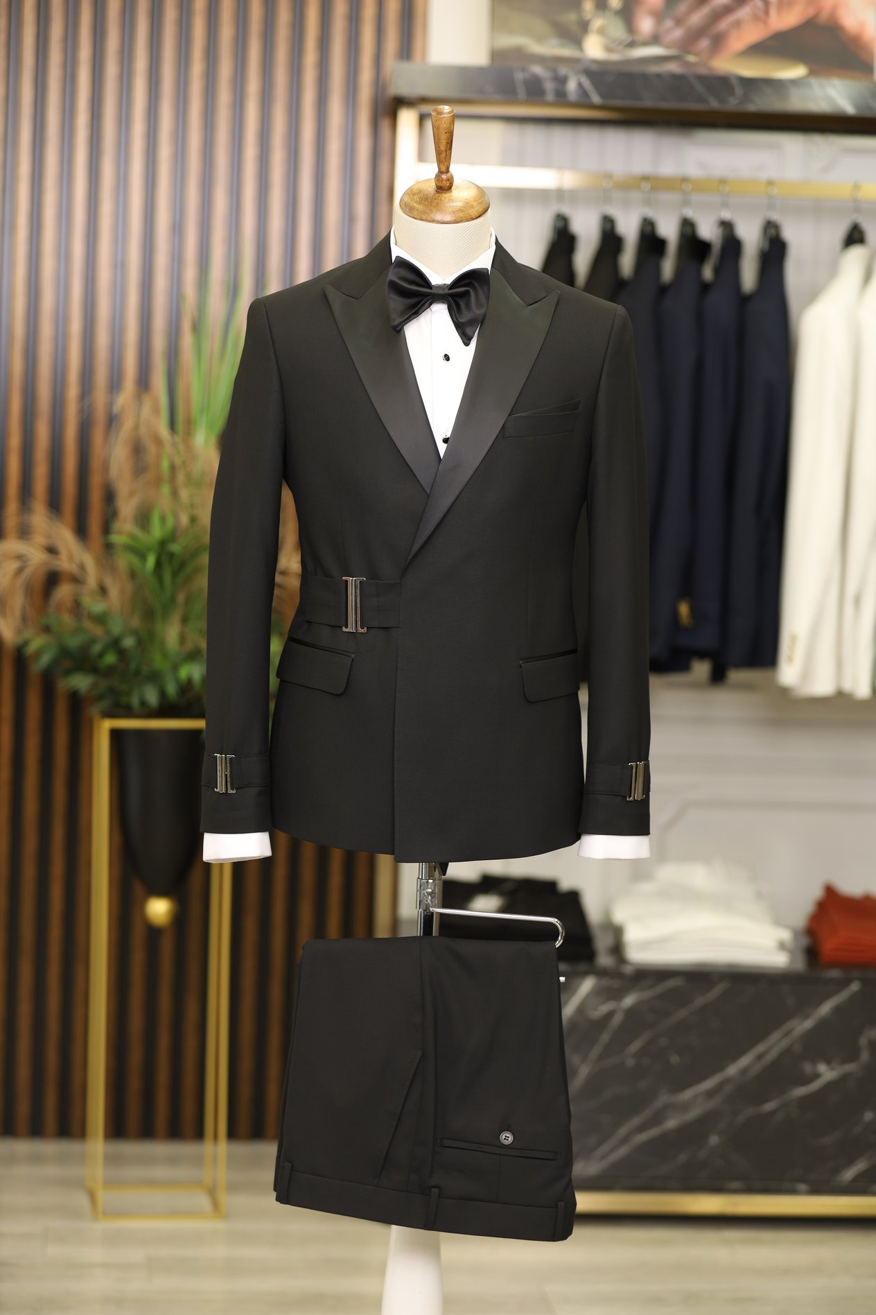 Erkek Tokalı Kruvaze Damatlık Slim fit İtalyan Stil Ceket Pantolon Papyon-Siyah