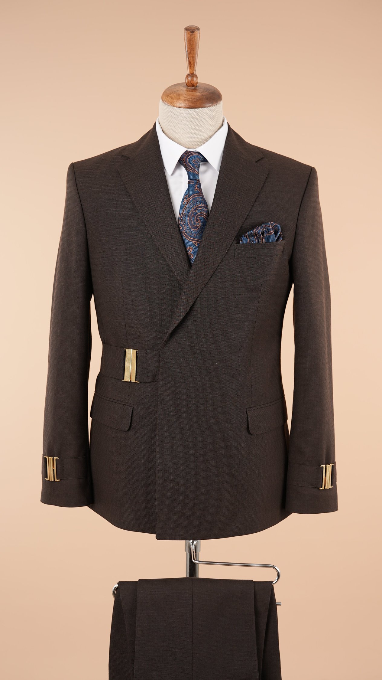 Erkek Tokalı Kruvaze Takım Elbise İtalyan Stil Slim Fit Ceket Pantolon - Acı Kahve