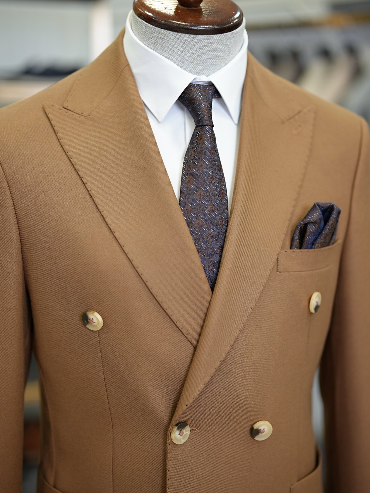 Erkek Yarım Astarlı Slim Fit İtalyan Stil  Takım Elbise Ceket Pantolon - Camel