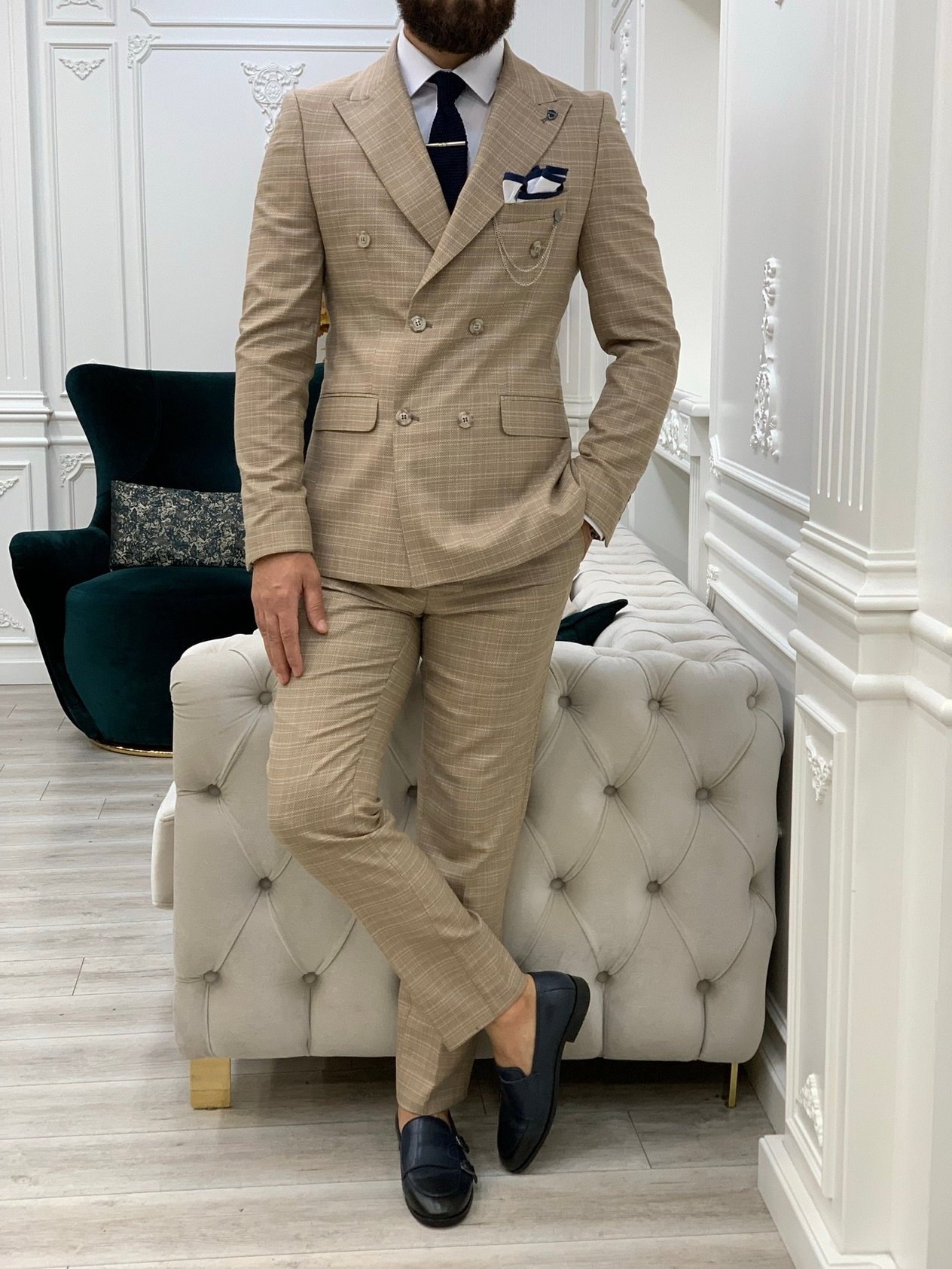 İtalyan Stil Kruvaze Takım Elbise Ceket Pantolon - Sarı