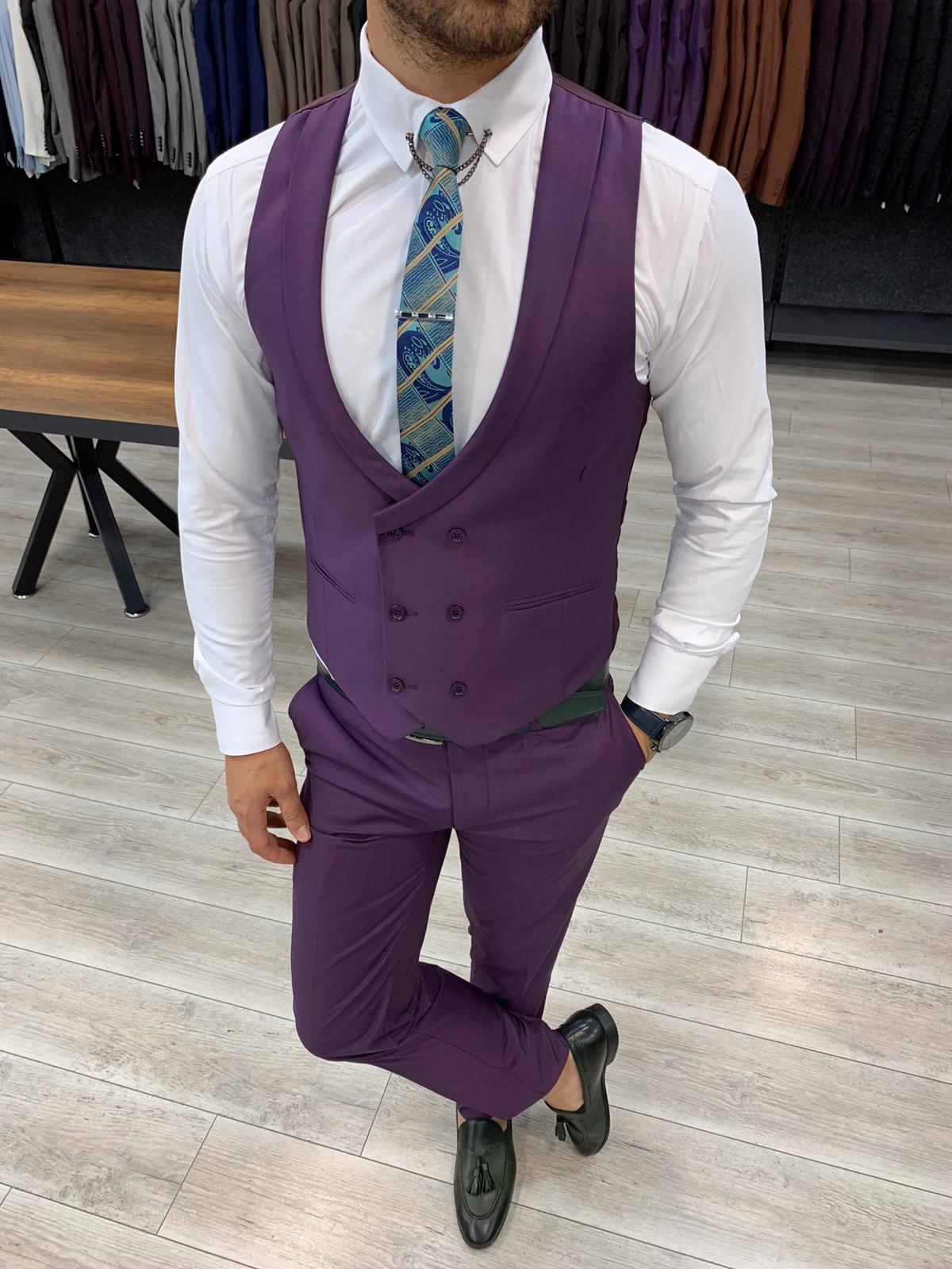 İtalyan Stil Takım Elbise Ceket Yelek Pantolon - Mor