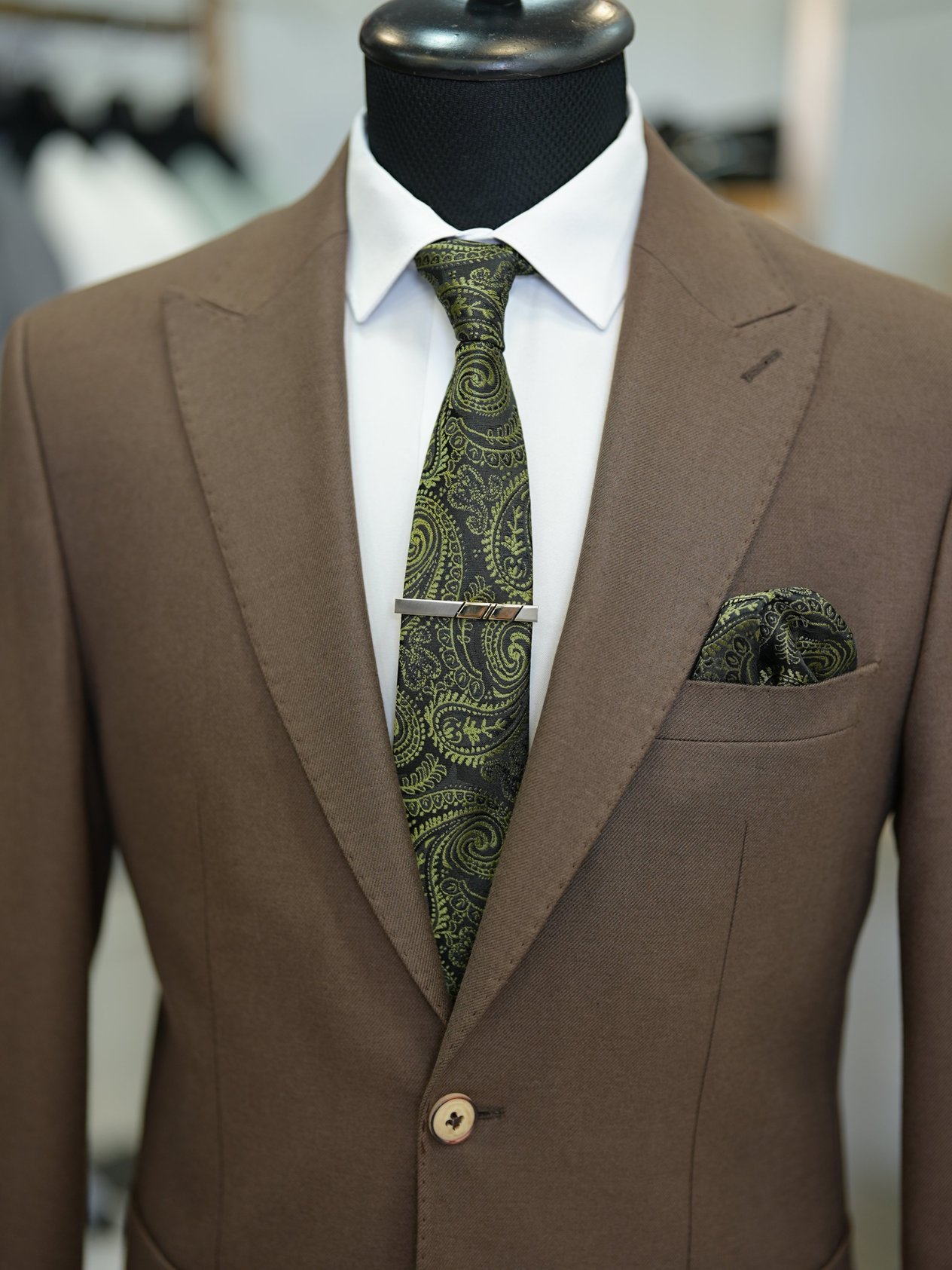 LuxuryYarım Astarlı Kırlangıç Yaka Punto Dikişli Torba Cepli Erkek Slim Fit İtalyan Stil Takım Elbise - Kahve