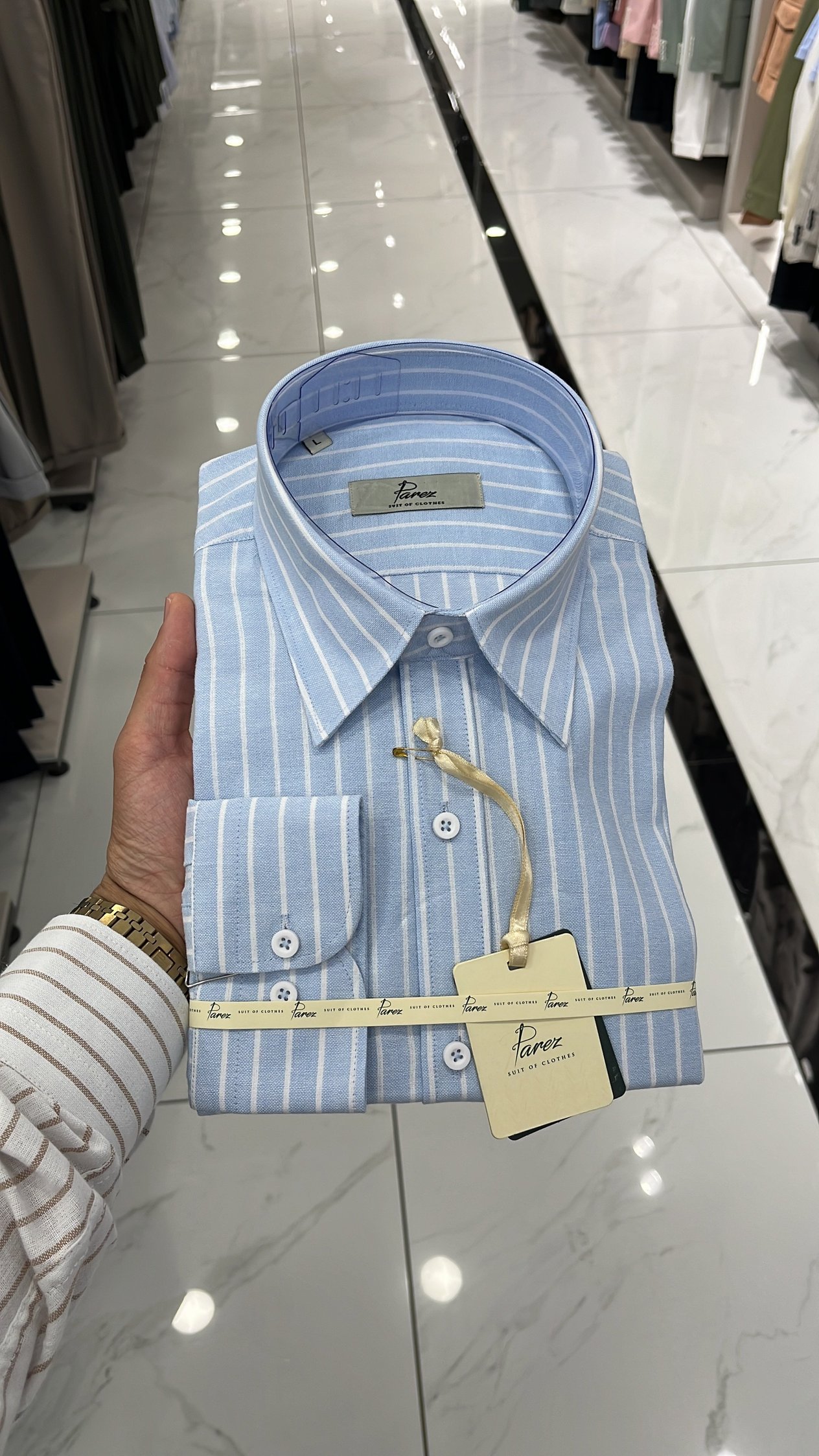 Premium Erkek Regular Fit Çizgili Keten Gömlek - Buz Mavisi