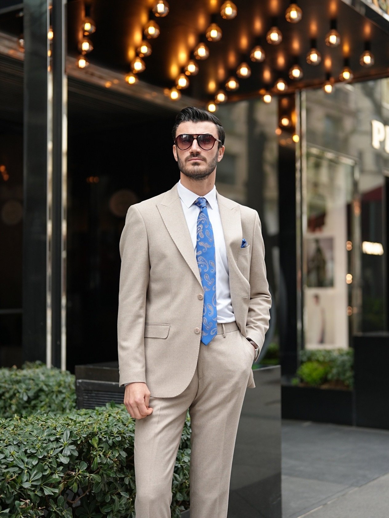 Premium Erkek Slim Fit İtalyan Stil Punto Dikişli Yarım Astarlı Takım Elbise Ceket Pantolon - Bej
