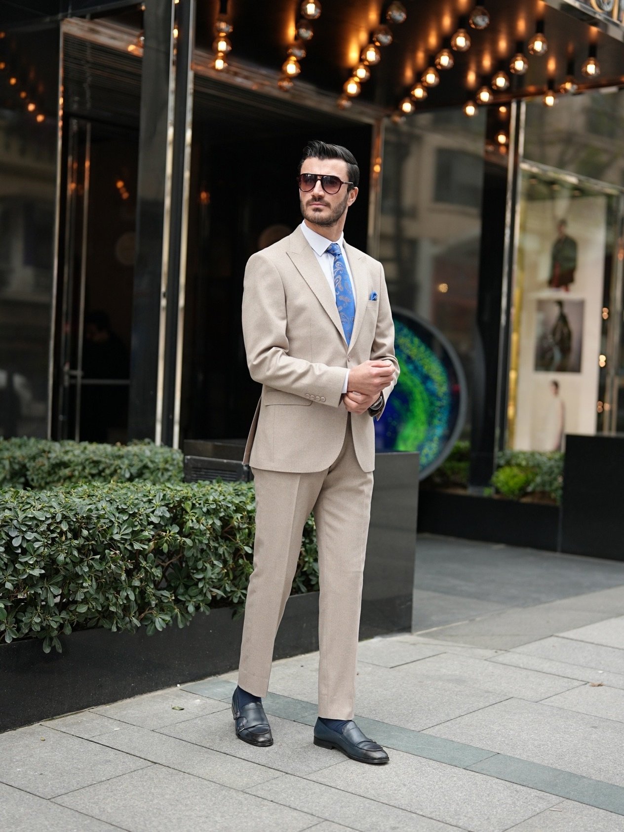 Premium Erkek Slim Fit İtalyan Stil Punto Dikişli Yarım Astarlı Takım Elbise Ceket Pantolon - Bej