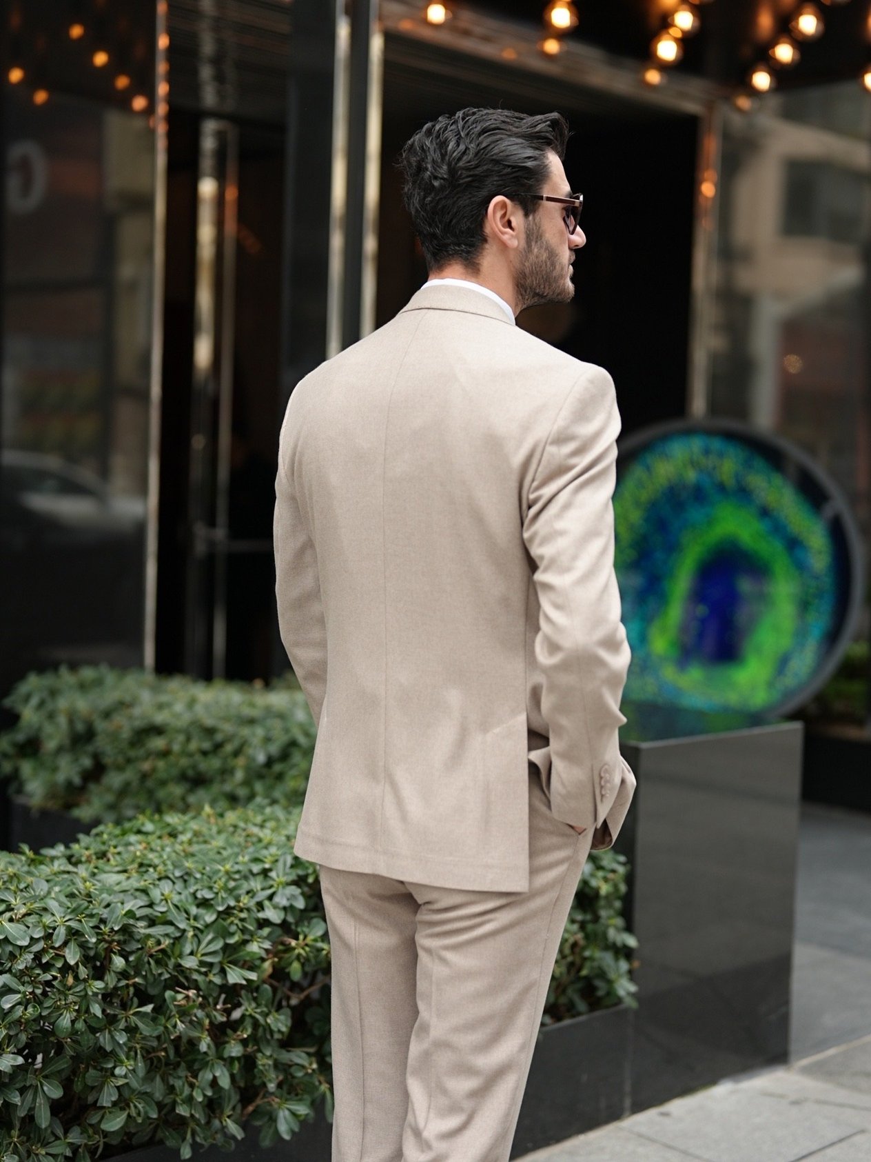 Premium Erkek Slim Fit İtalyan Stil Punto Dikişli Yarım Astarlı Takım Elbise Ceket Pantolon - Bej