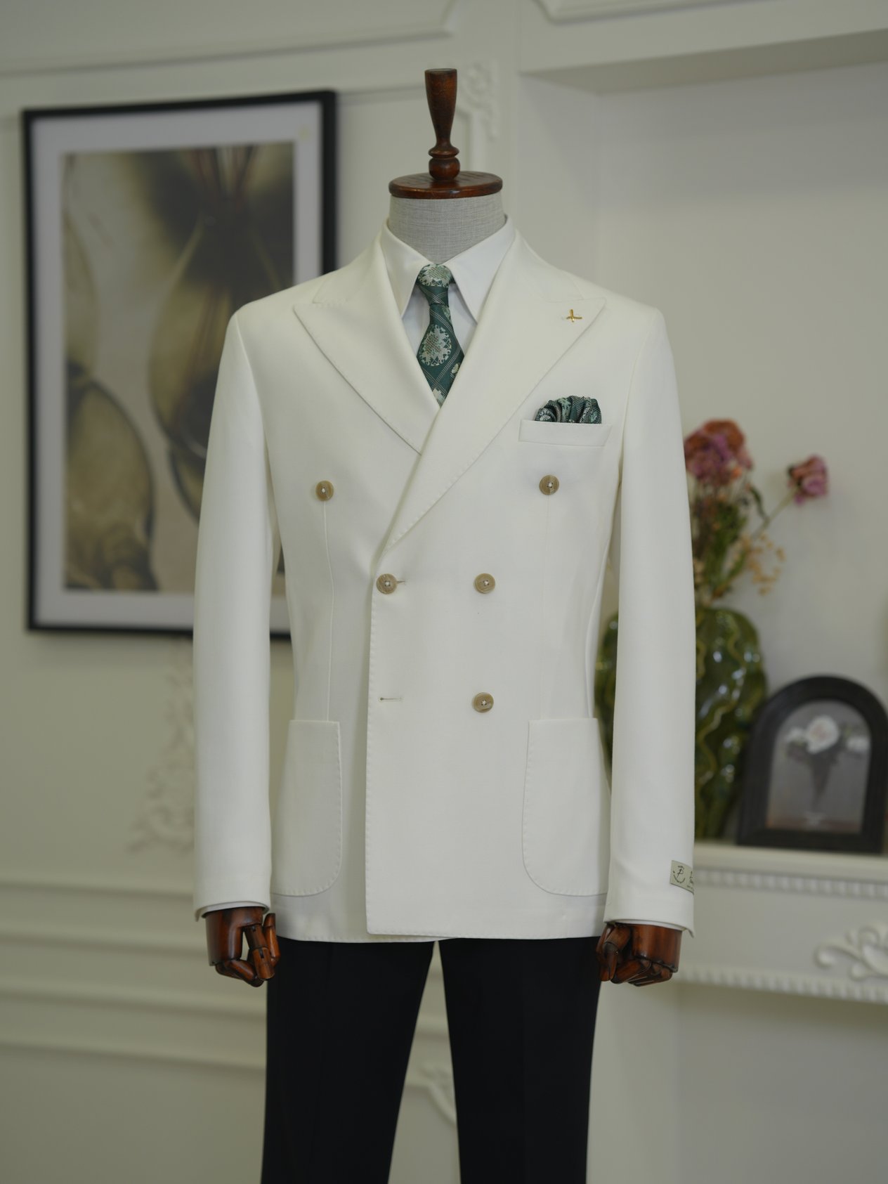 Premium Erkek Slim Fit İtalyan Stil Torba Cepli Punto Dikişli Astarsız Kruvaze Ceket-Beyaz