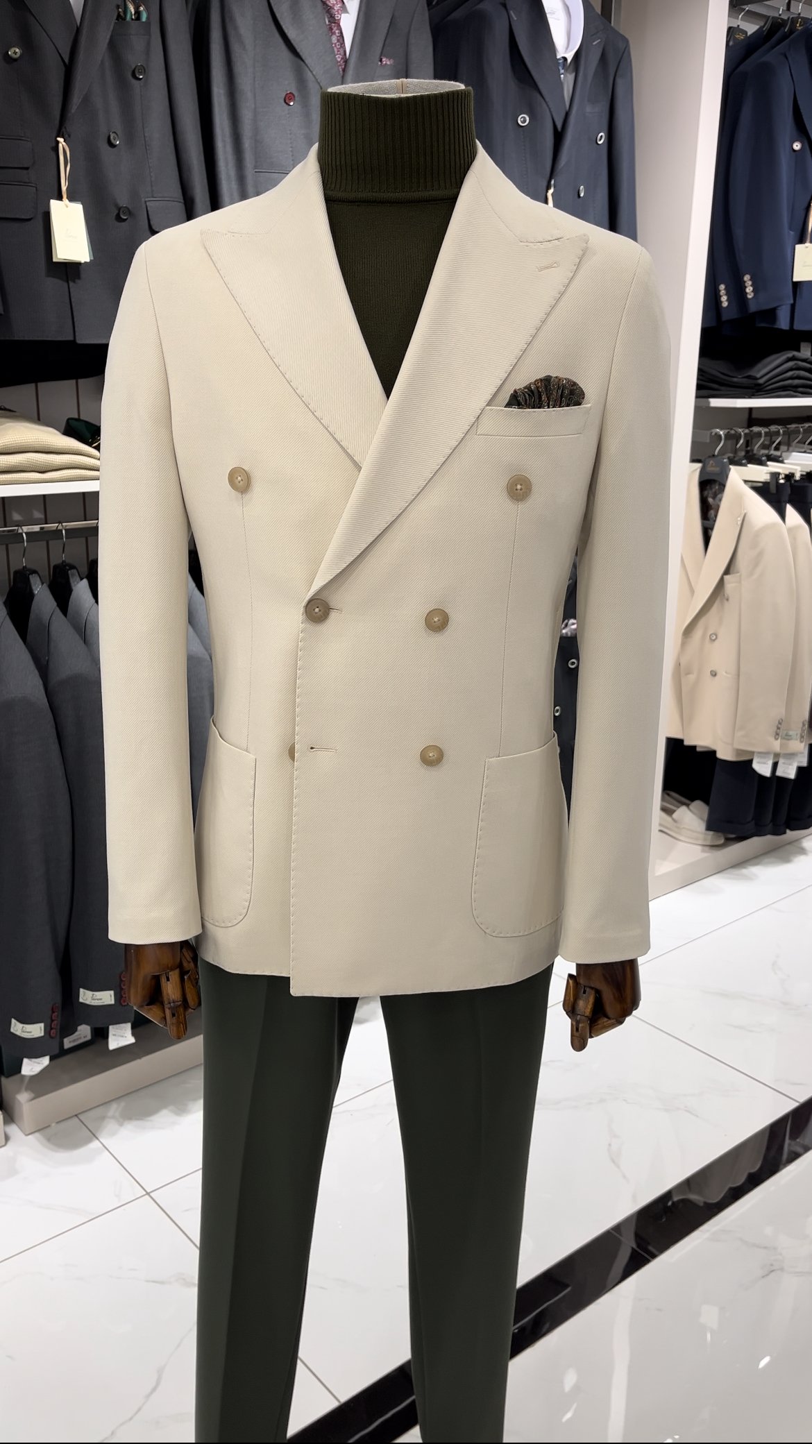 Premium Erkek Slim Fit İtalyan Stil Torba Cepli Punto Dikişli Astarsız Kruvaze Ceket-Bej