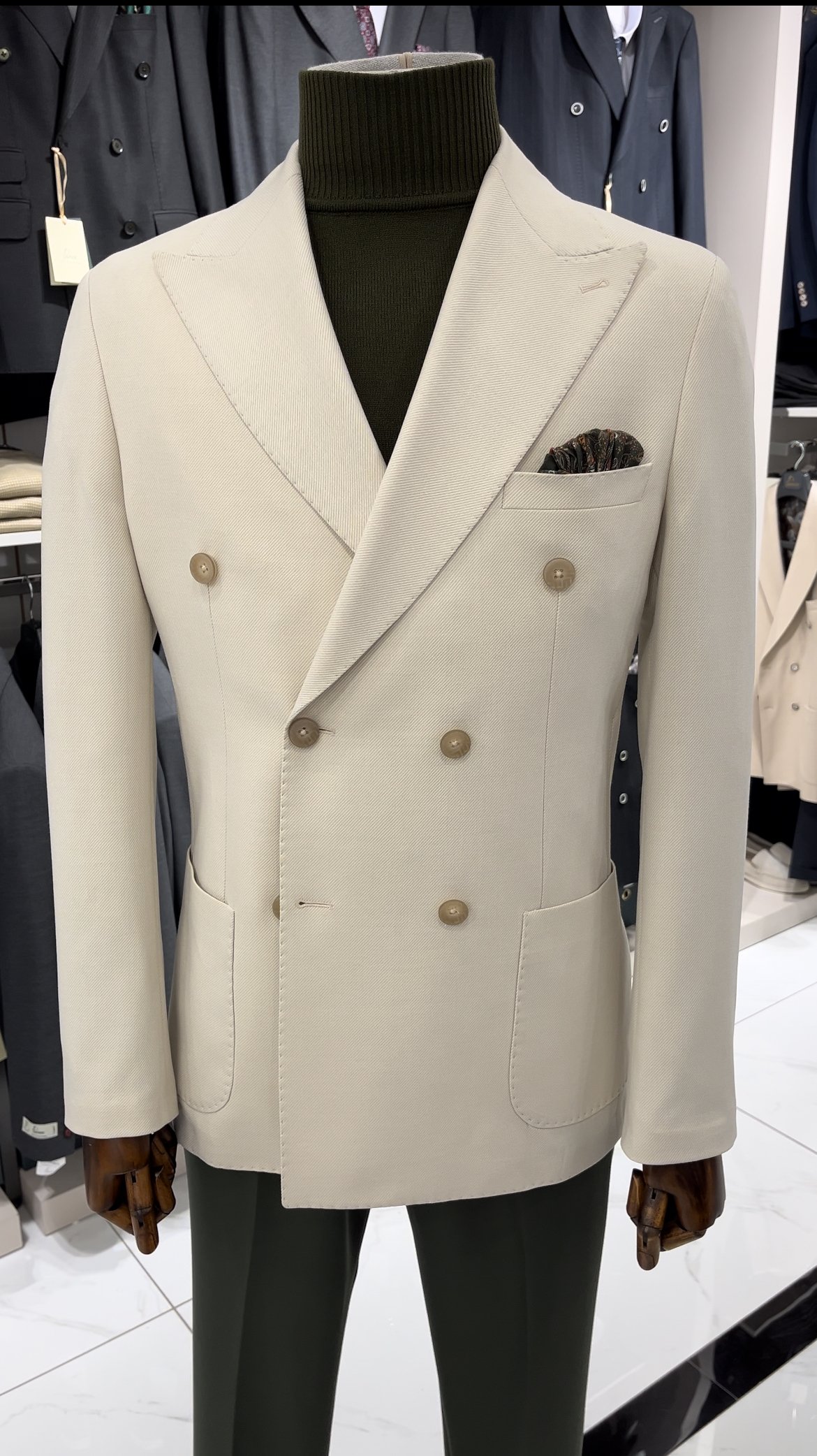 Premium Erkek Slim Fit İtalyan Stil Torba Cepli Punto Dikişli Astarsız Kruvaze Ceket-Bej