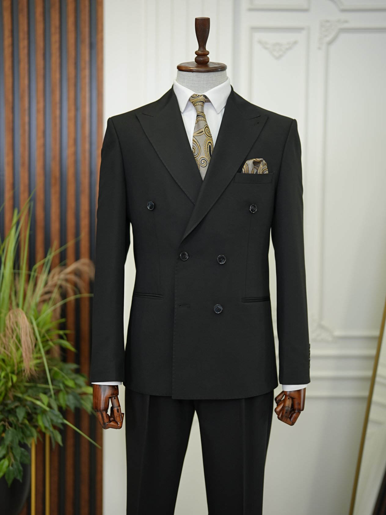 Premium Erkek Slim Fit İtayan Stil Modelli Pantolon Kruvaze Takım Elbise-Siyah