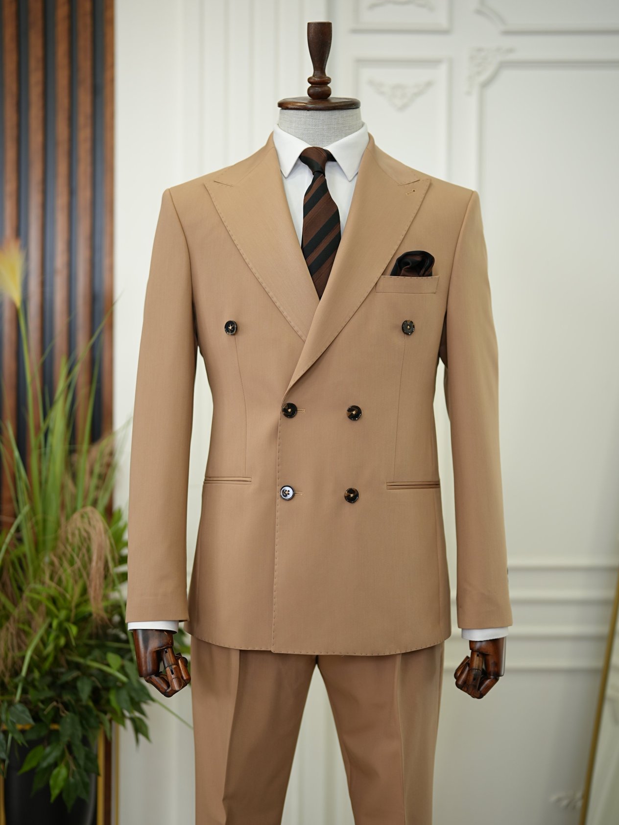 Premium Erkek Slim Fit İtayan Stil Modelli Pantolon Kruvaze Takım Elbise - Taba