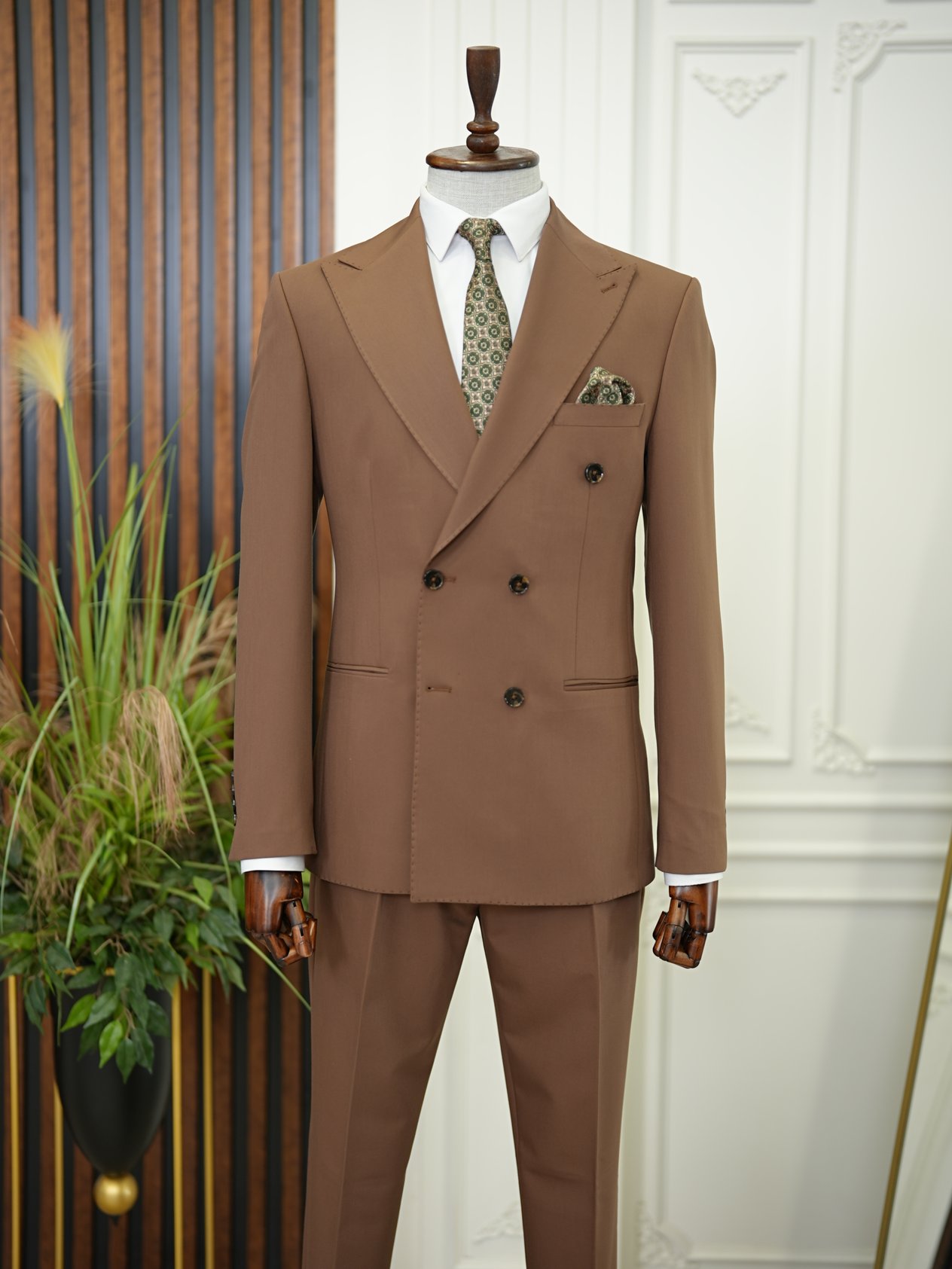 Premium Erkek Slim Fit İtayan Stil Modelli Pantolon Kruvaze Takım Elbise-Kahve