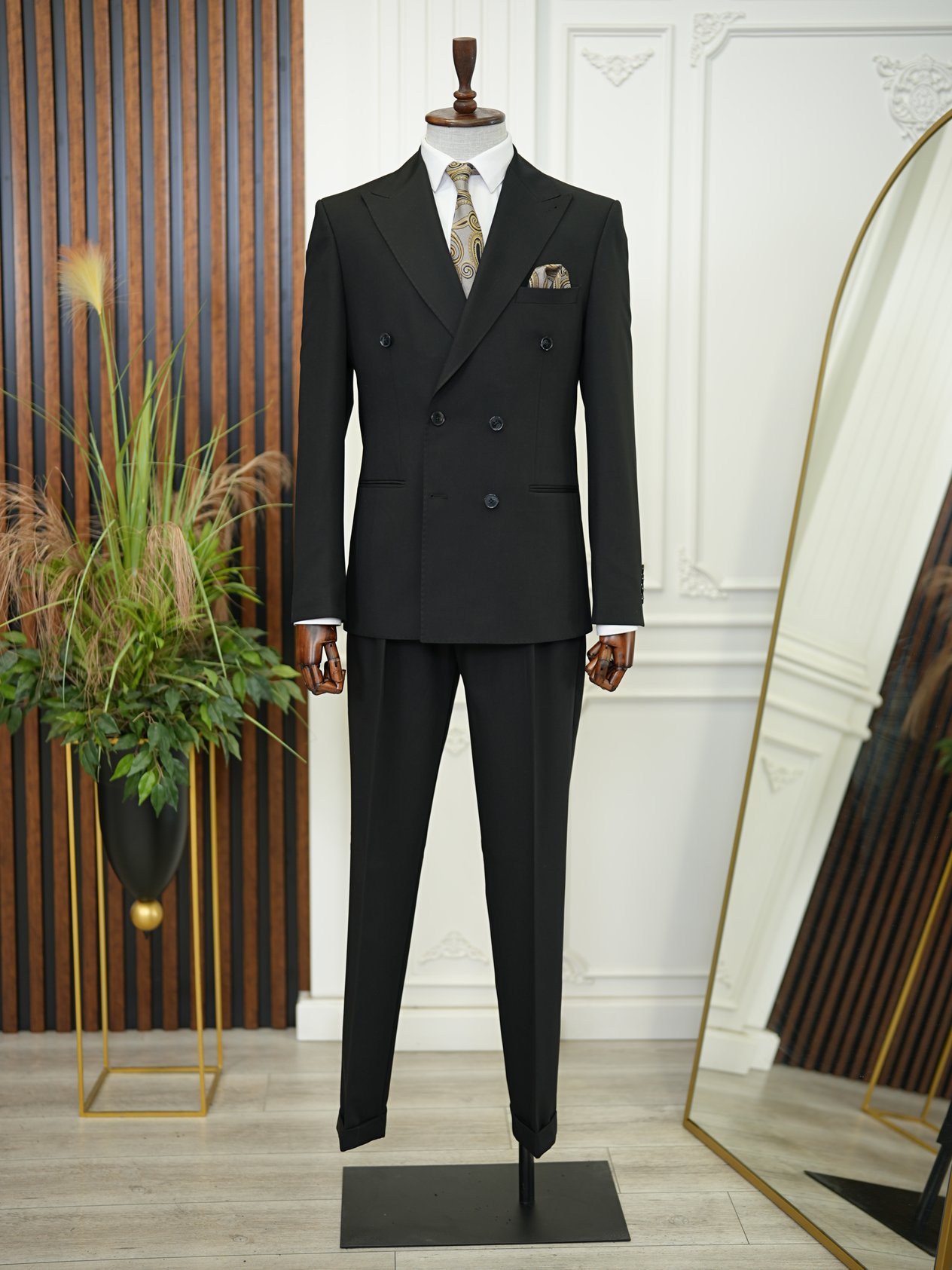Premium Erkek Slim Fit İtayan Stil Modelli Pantolon Kruvaze Takım Elbise-Siyah