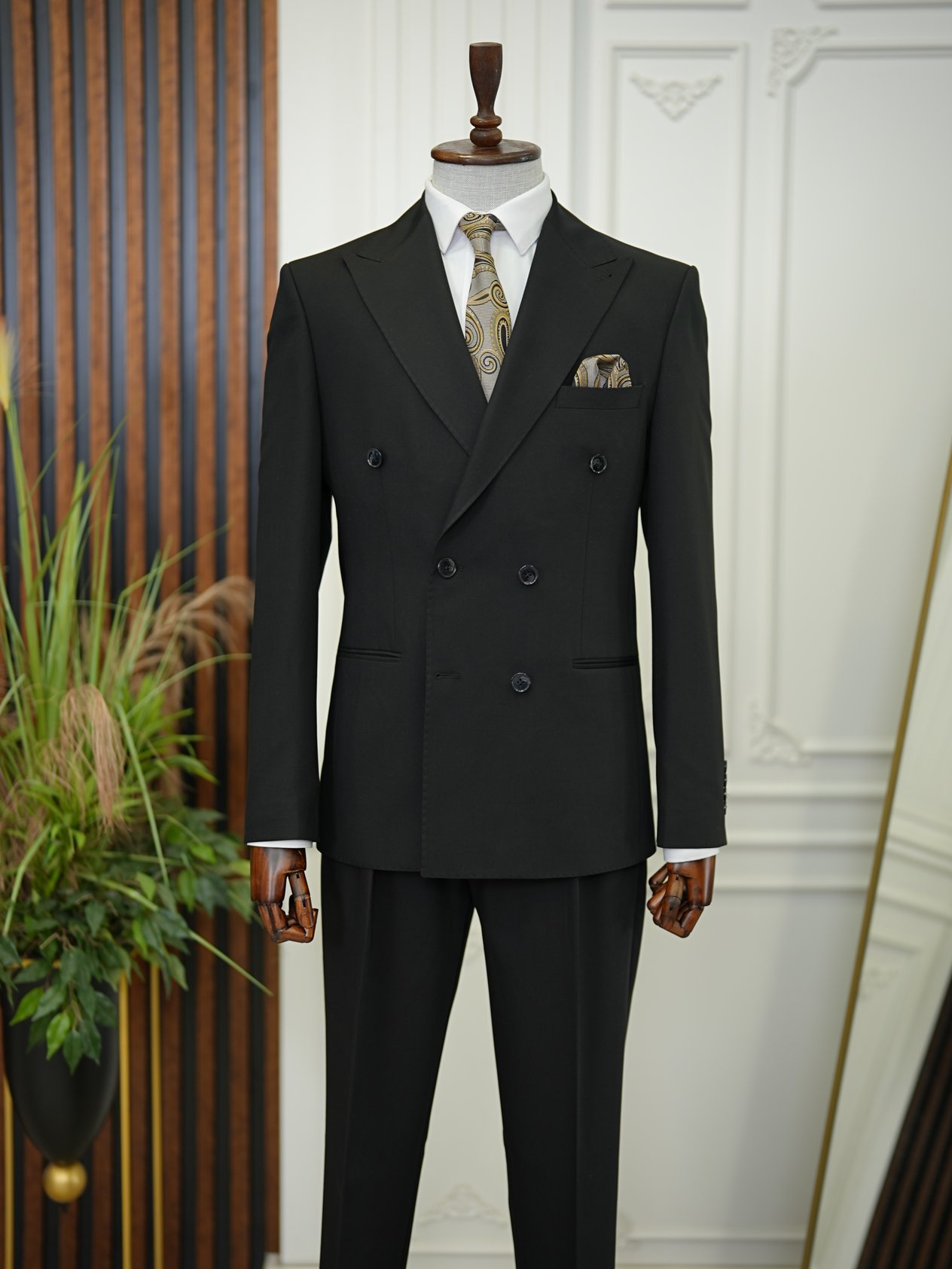 Premium Erkek Slim Fit İtayan Stil Modelli Pantolon Kruvaze Takım Elbise-Siyah