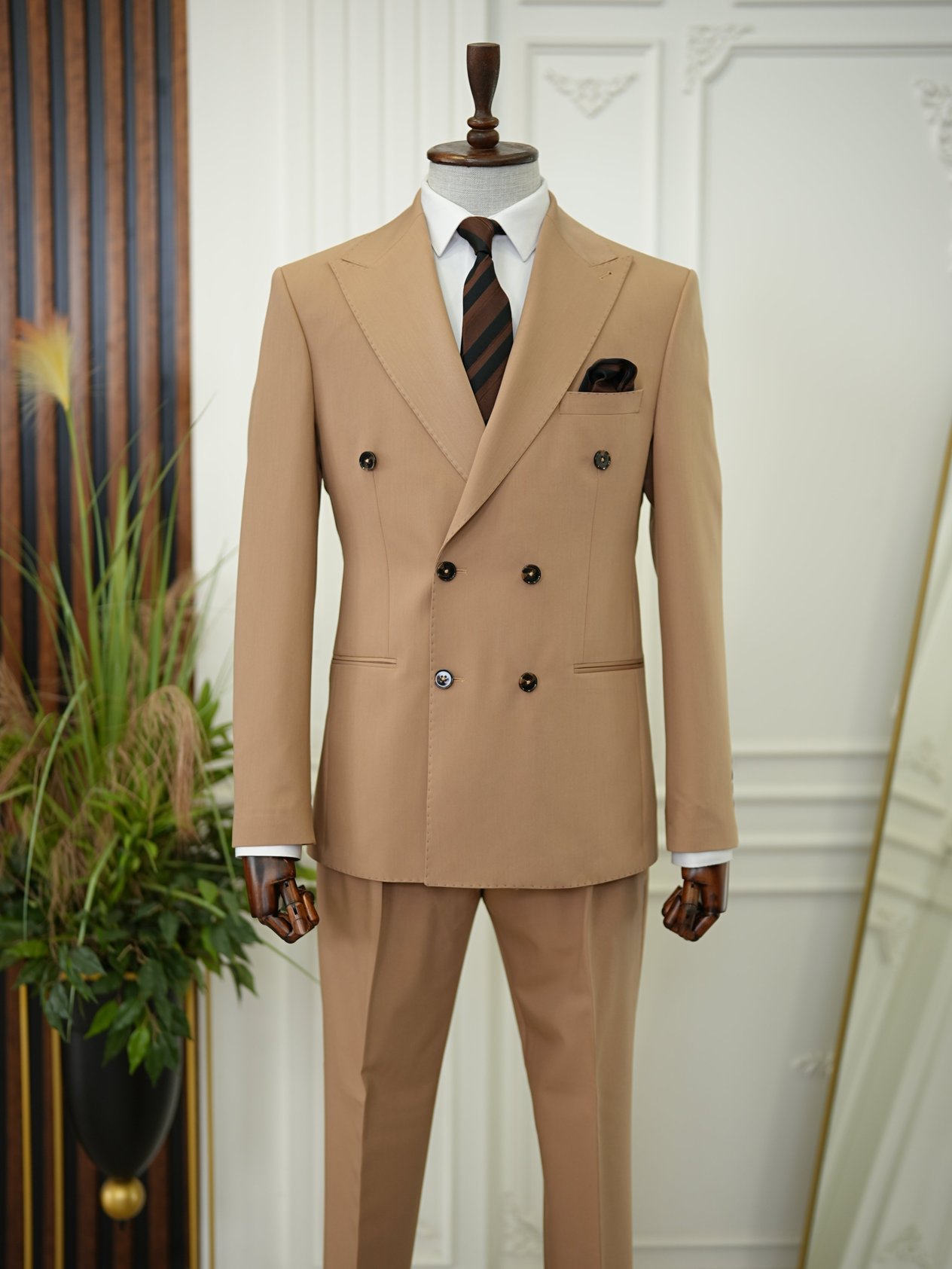 Premium Erkek Slim Fit İtayan Stil Modelli Pantolon Kruvaze Takım Elbise - Taba