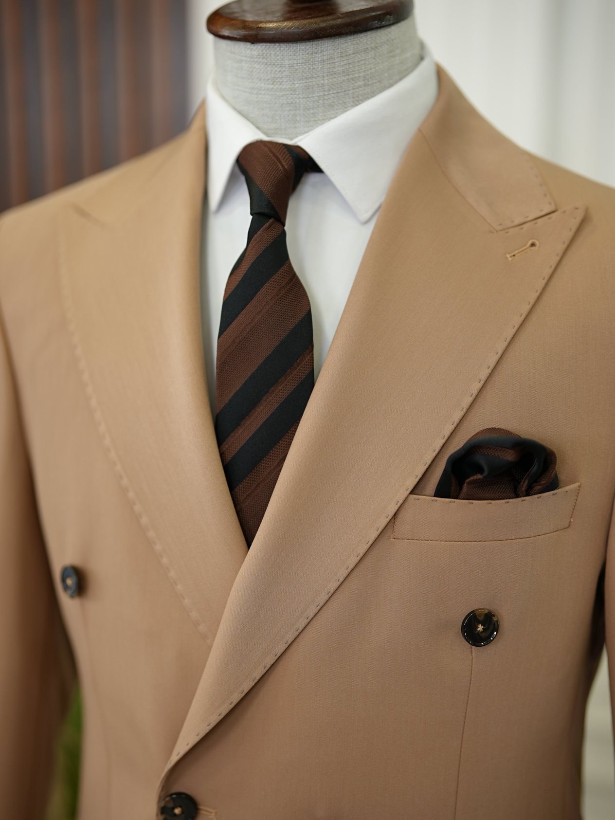 Premium Erkek Slim Fit İtayan Stil Modelli Pantolon Kruvaze Takım Elbise - Taba