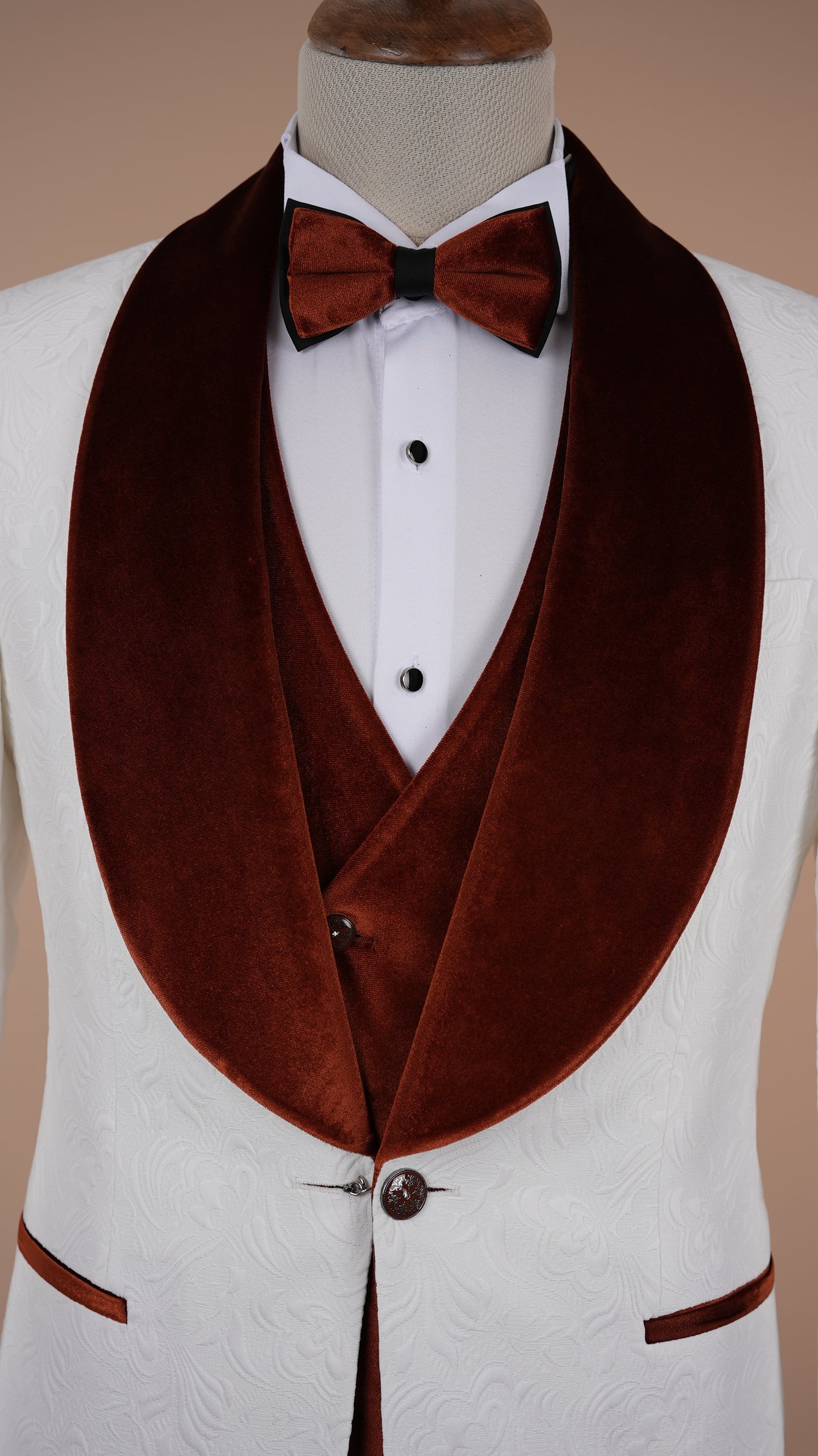 Premium Erkek Slim Fit Jakar Desenli Şal Yaka Beyaz Damatlık Smokin Ceket Yelek pantolon Papyon - turuncu