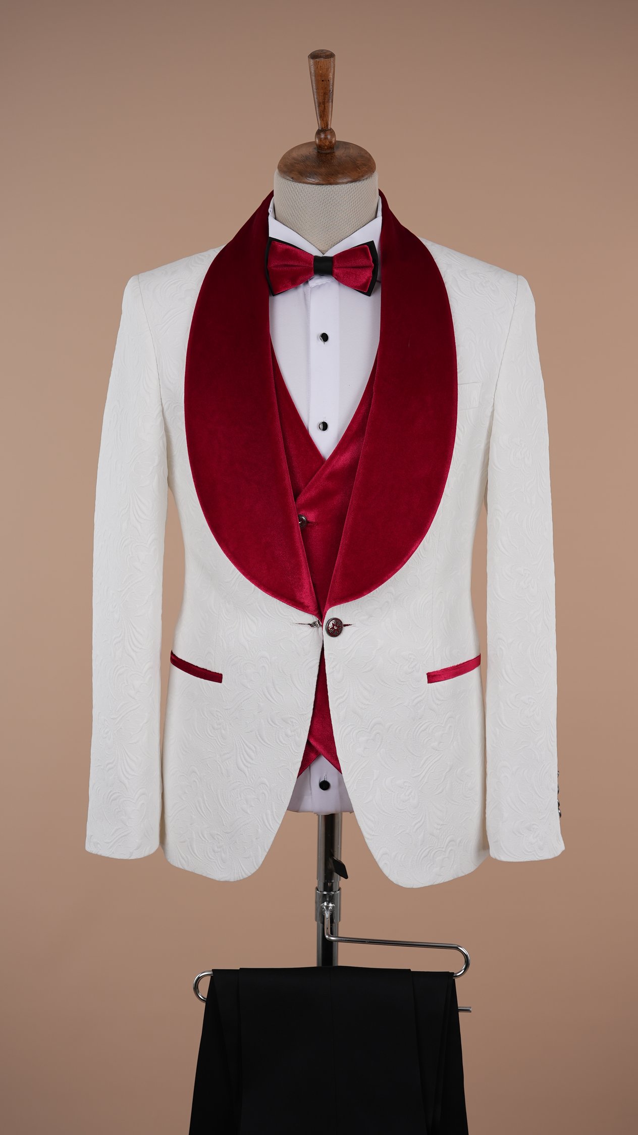 Premium Erkek Slim Fit Jakar Desenli Şal Yaka Beyaz Damatlık Smokin Ceket Yelek pantolon Papyon - Pembe