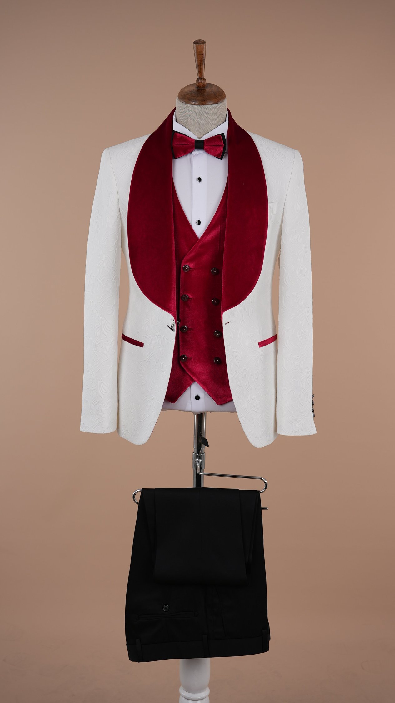 Premium Erkek Slim Fit Jakar Desenli Şal Yaka Beyaz Damatlık Smokin Ceket Yelek pantolon Papyon - Pembe