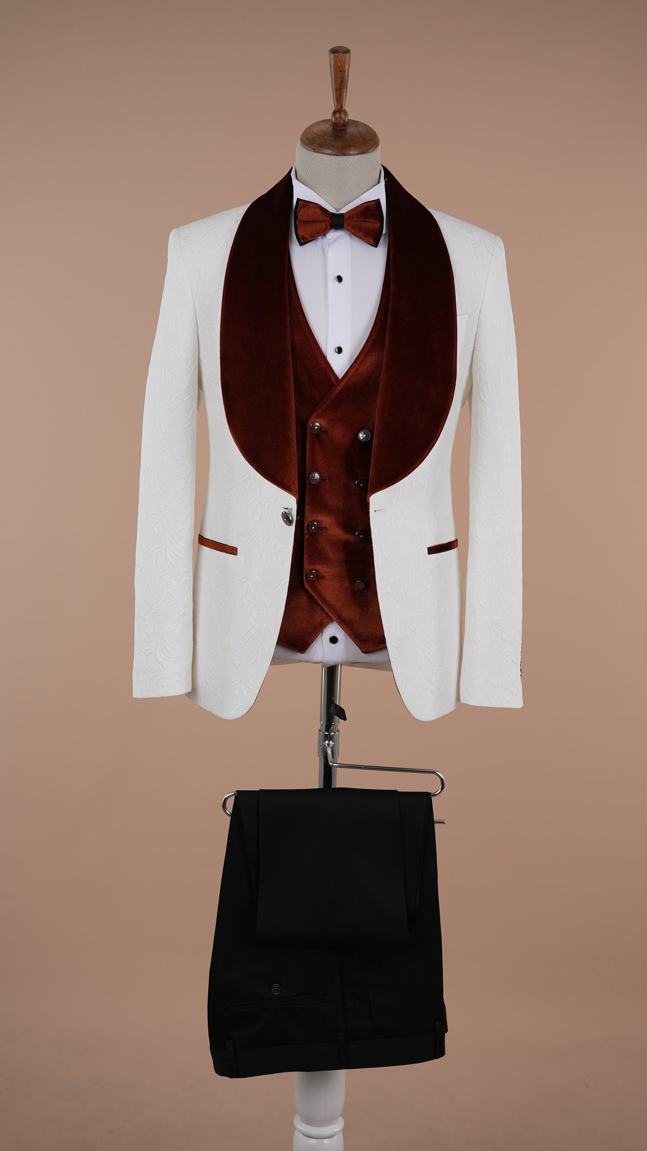 Premium Erkek Slim Fit Jakar Desenli Şal Yaka Beyaz Damatlık Smokin Ceket Yelek pantolon Papyon - turuncu