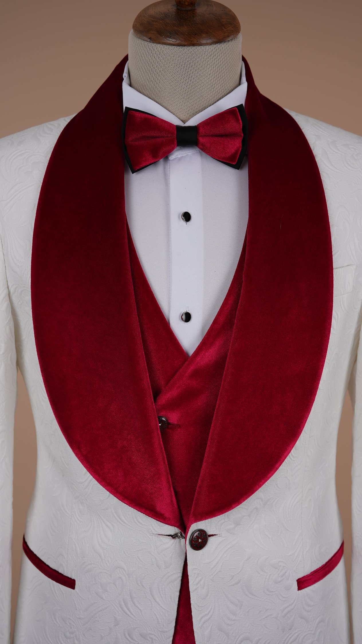 Premium Erkek Slim Fit Jakar Desenli Şal Yaka Beyaz Damatlık Smokin Ceket Yelek pantolon Papyon - Pembe