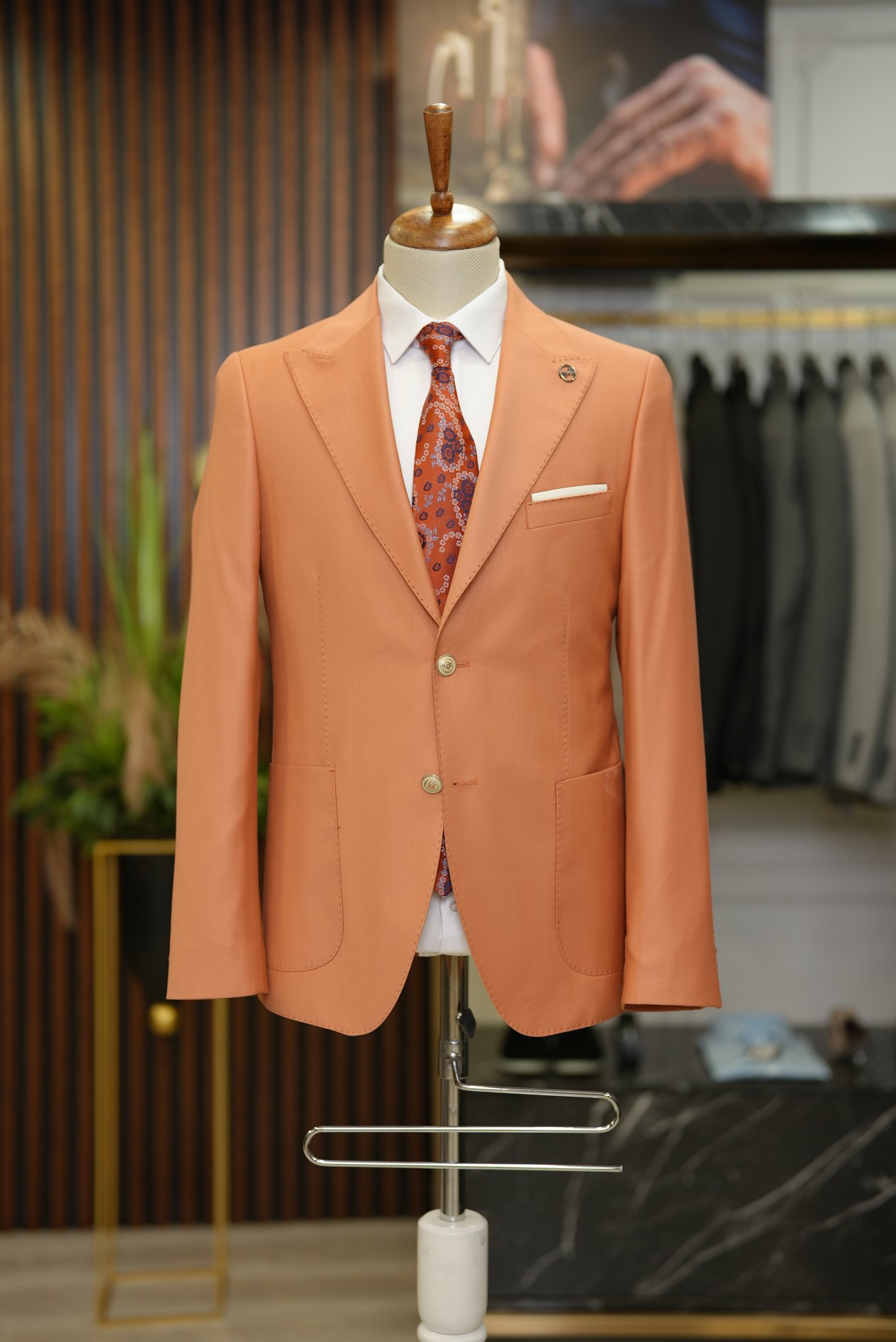 Premium Erkek Takım Elbise Punto Dikişli Tulum Cepli Ceket Pantolon - turuncu