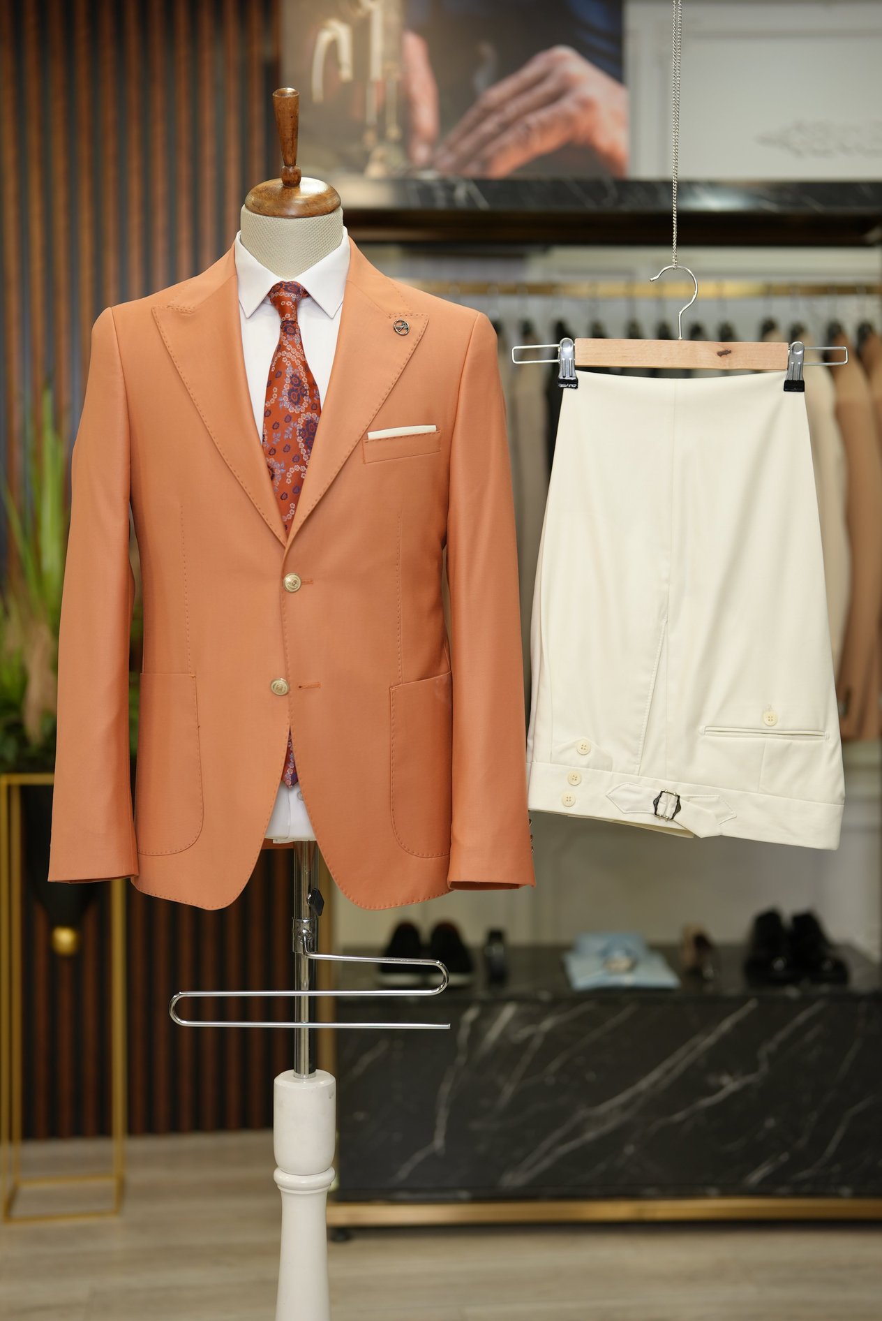 Premium Erkek Takım Elbise Punto Dikişli Tulum Cepli Ceket Pantolon - turuncu