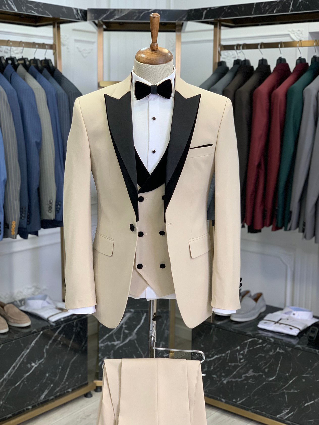 Slim Fit Damatlık Smokin Ceket Yelek Pantolon Papyon - Bej
