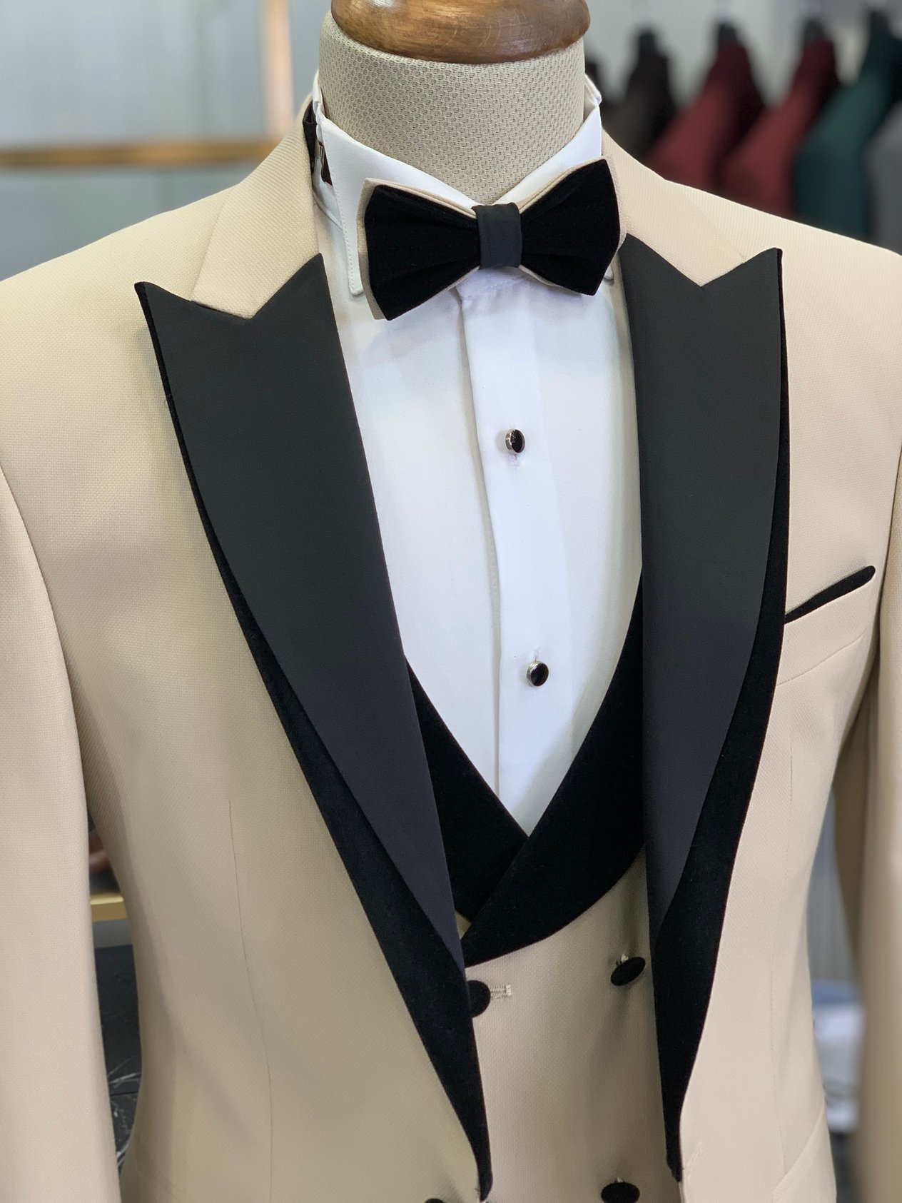 Slim Fit Damatlık Smokin Ceket Yelek Pantolon Papyon - Bej
