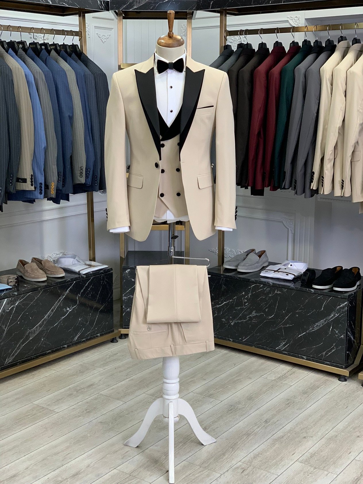 Slim Fit Damatlık Smokin Ceket Yelek Pantolon Papyon - Bej
