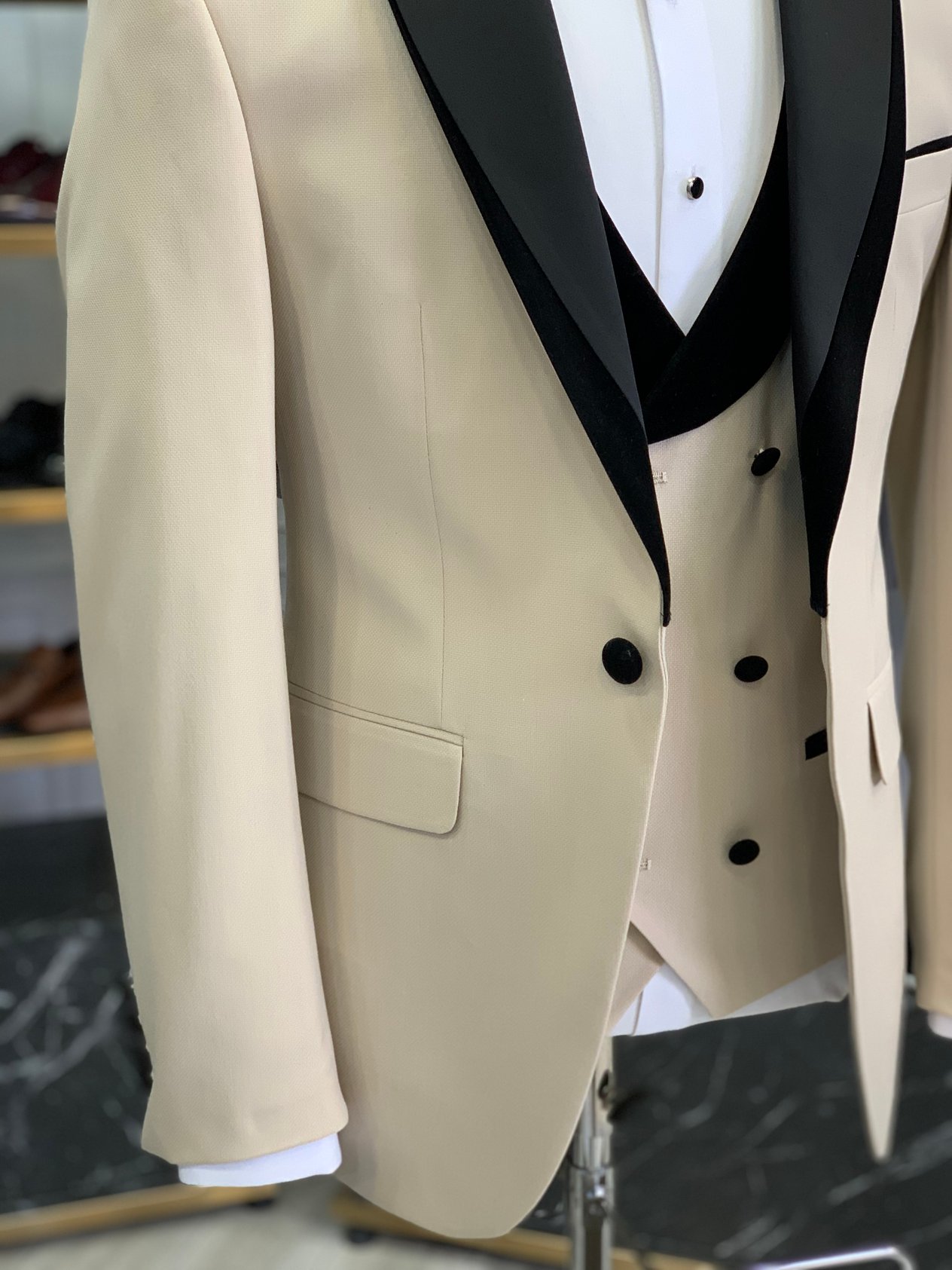 Slim Fit Damatlık Smokin Ceket Yelek Pantolon Papyon - Bej