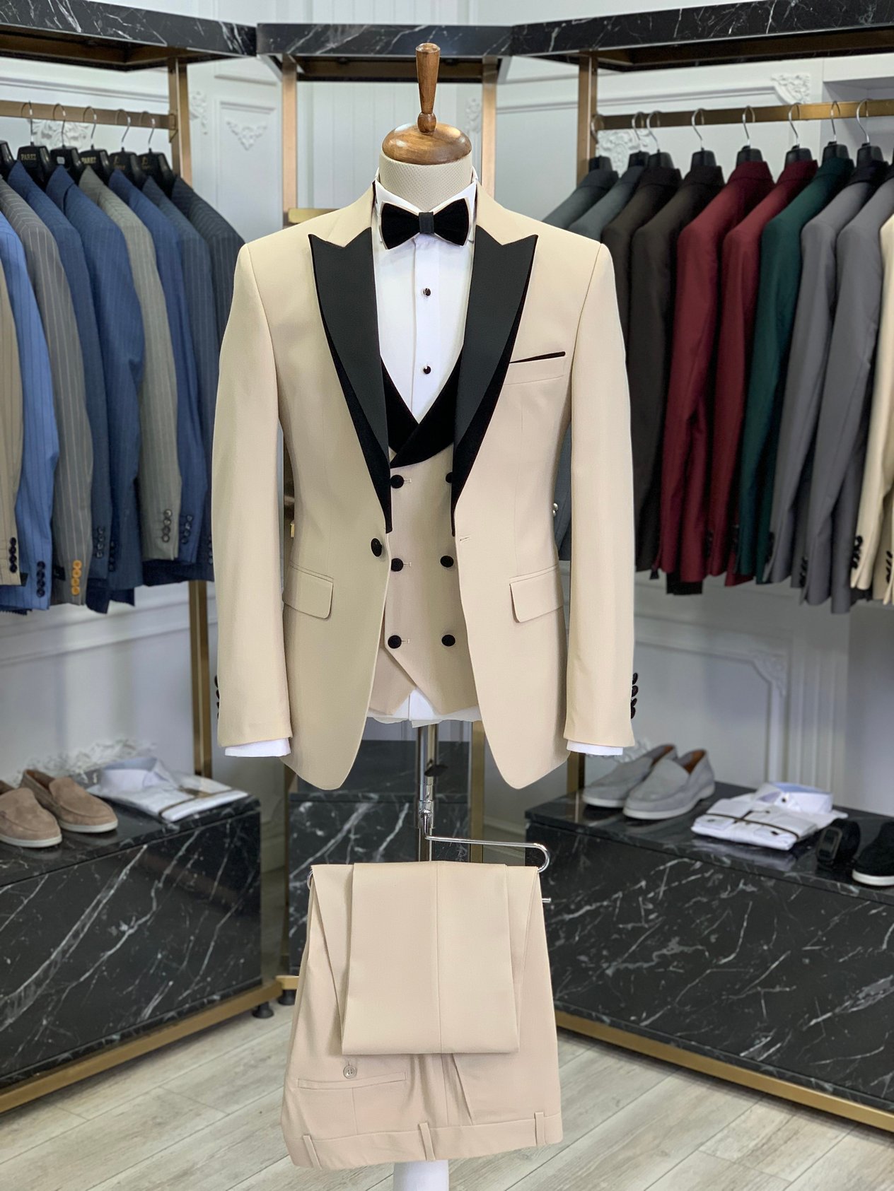 Slim Fit Damatlık Smokin Ceket Yelek Pantolon Papyon - Bej