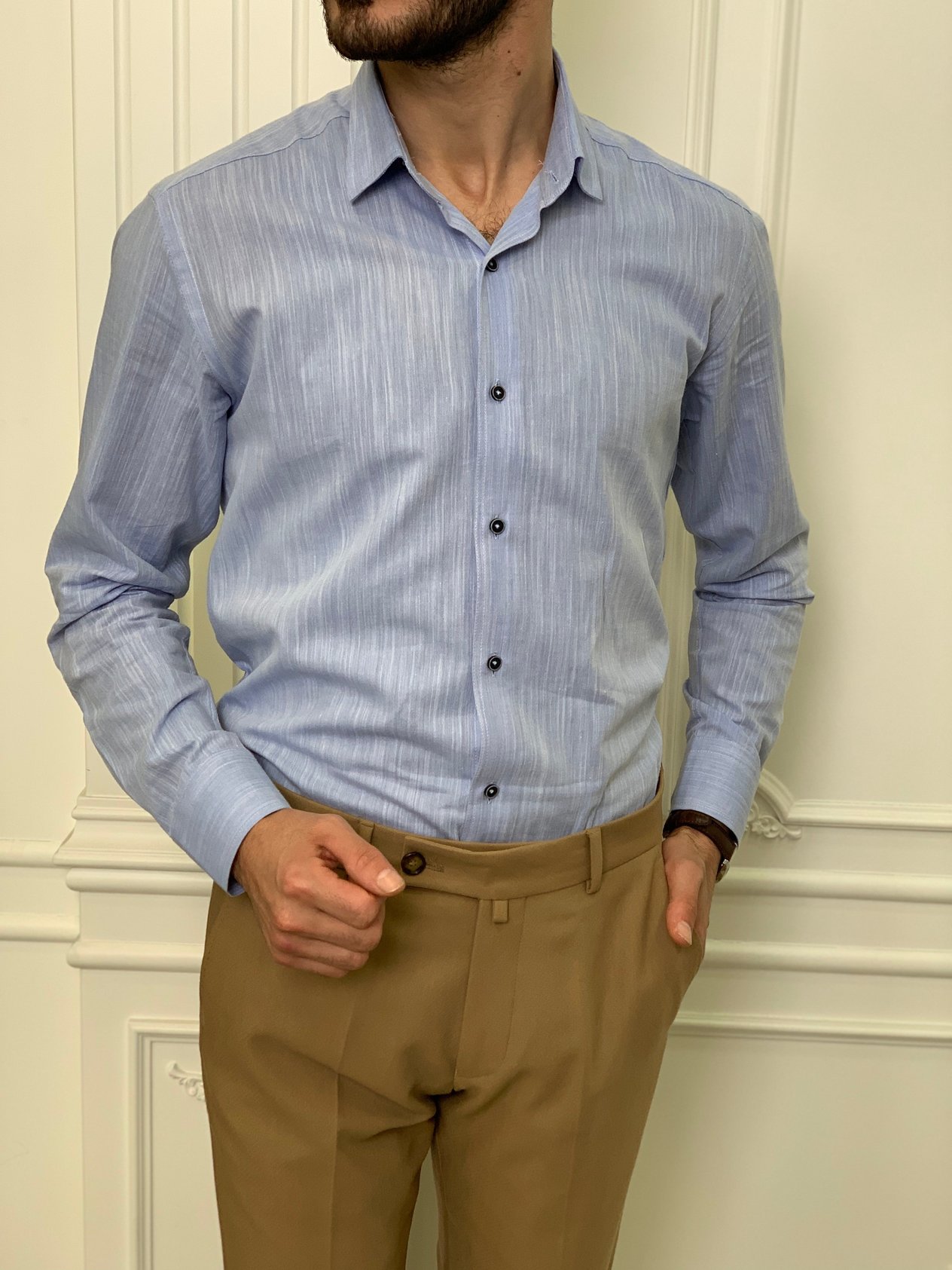 Slim Fit İtalyan Kesim Erkek Gömlek-Mavi