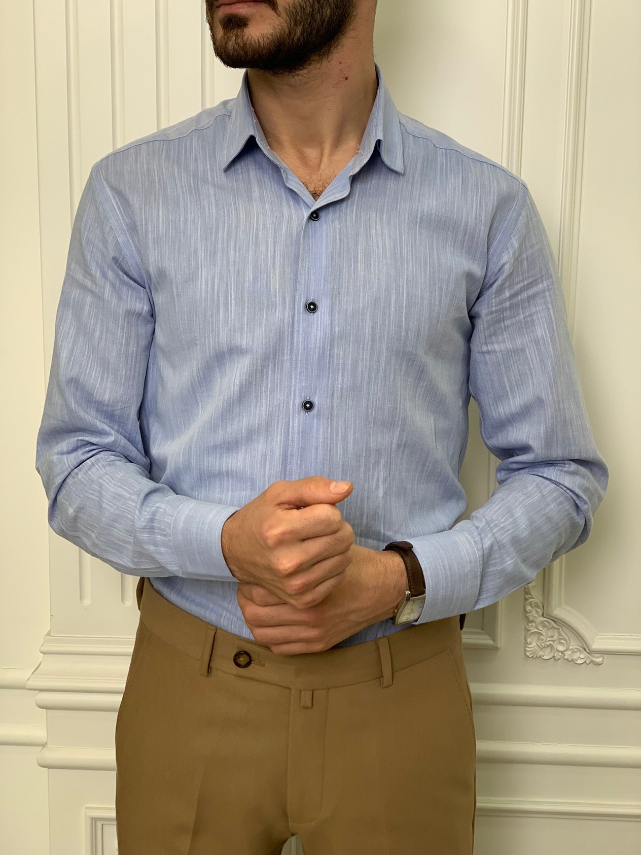 Slim Fit İtalyan Kesim Erkek Gömlek-Mavi