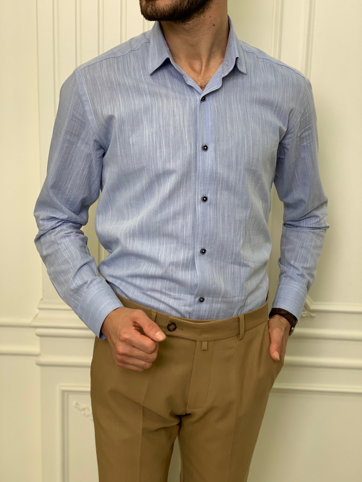Slim Fit İtalyan Kesim Erkek Gömlek-Mavi