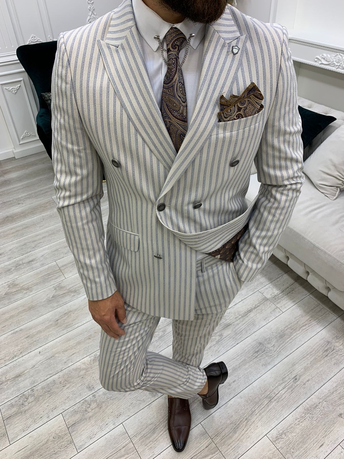 Slim Fit  Kruvaze Takım Elbise Ceket Pantolon - Bej