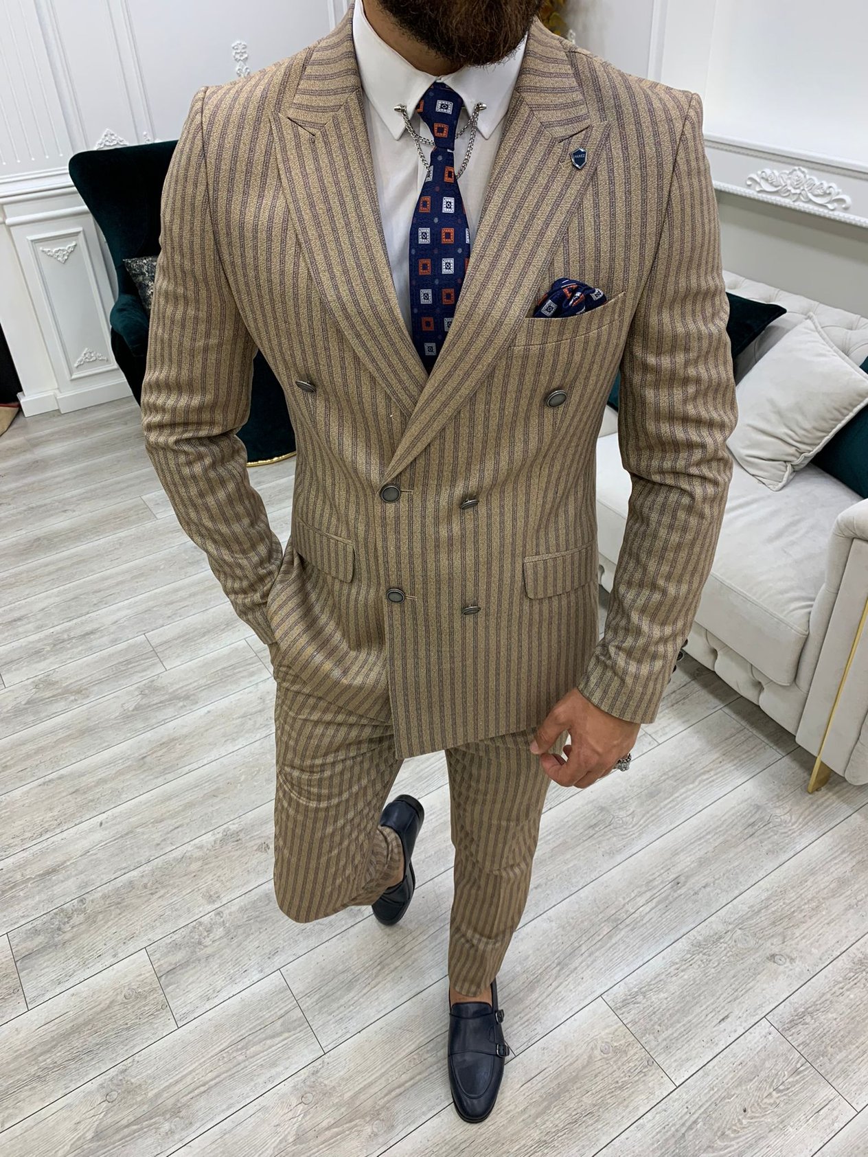 Slim Fit  Kruvaze Takım Elbise Ceket Pantolon - Sütlü Kahve