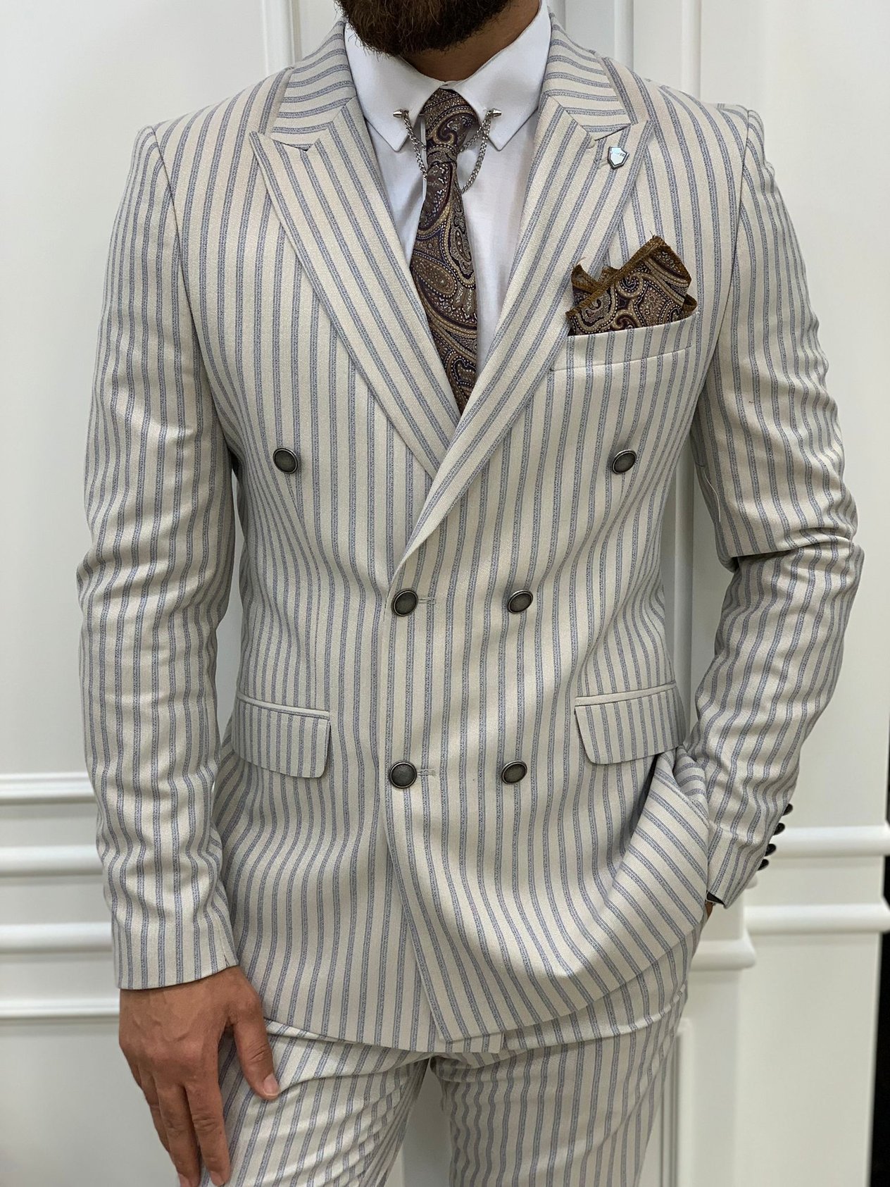 Slim Fit  Kruvaze Takım Elbise Ceket Pantolon - Bej